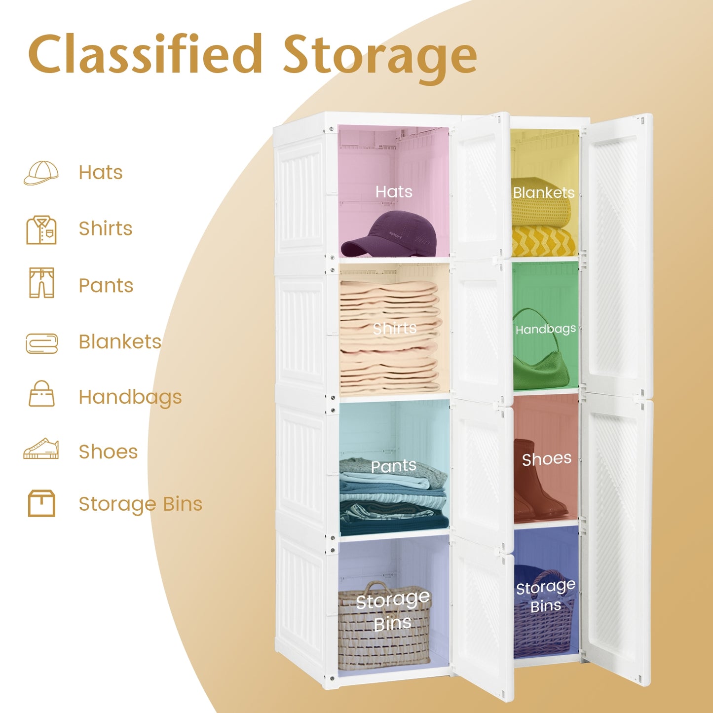 Foldable Wardrobe Closet with Hanging Rods and 8-Cubby Storage for Clothes and Bedding