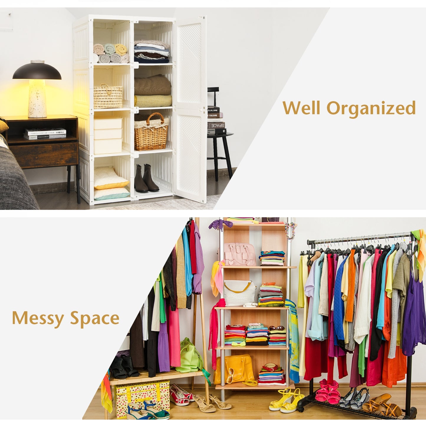 Foldable Wardrobe Closet with Hanging Rods and 8-Cubby Storage for Clothes and Bedding