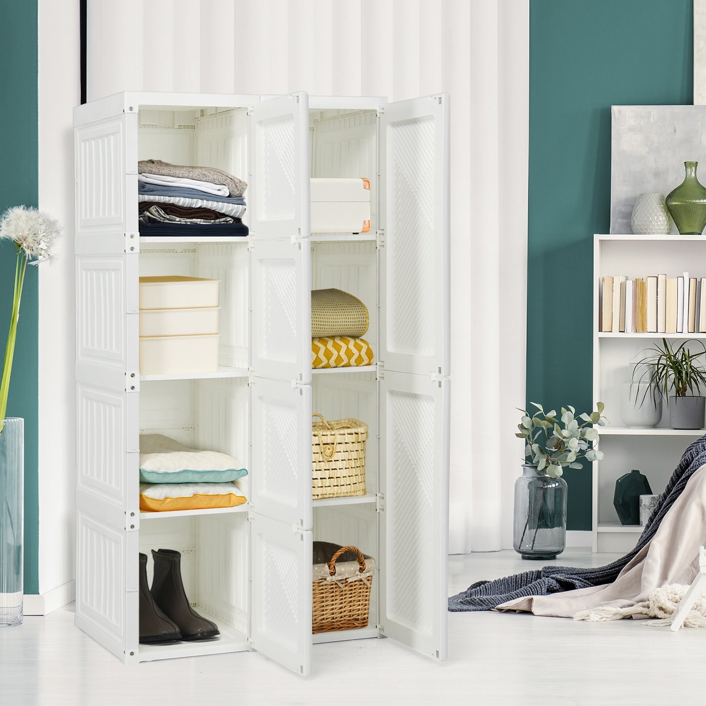Foldable Wardrobe Closet with Hanging Rods and 8-Cubby Storage for Clothes and Bedding