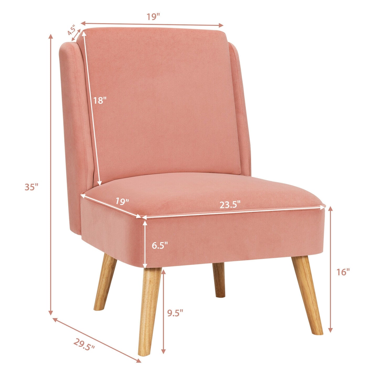 Contemporary Armless Velvet Accent Chair with Rubber Wood Base - Pink