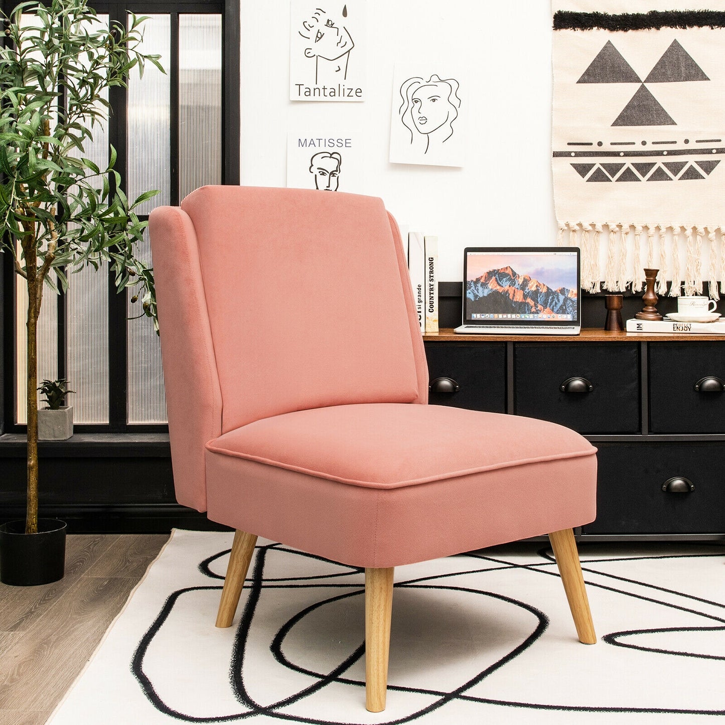Contemporary Armless Velvet Accent Chair with Rubber Wood Base - Pink