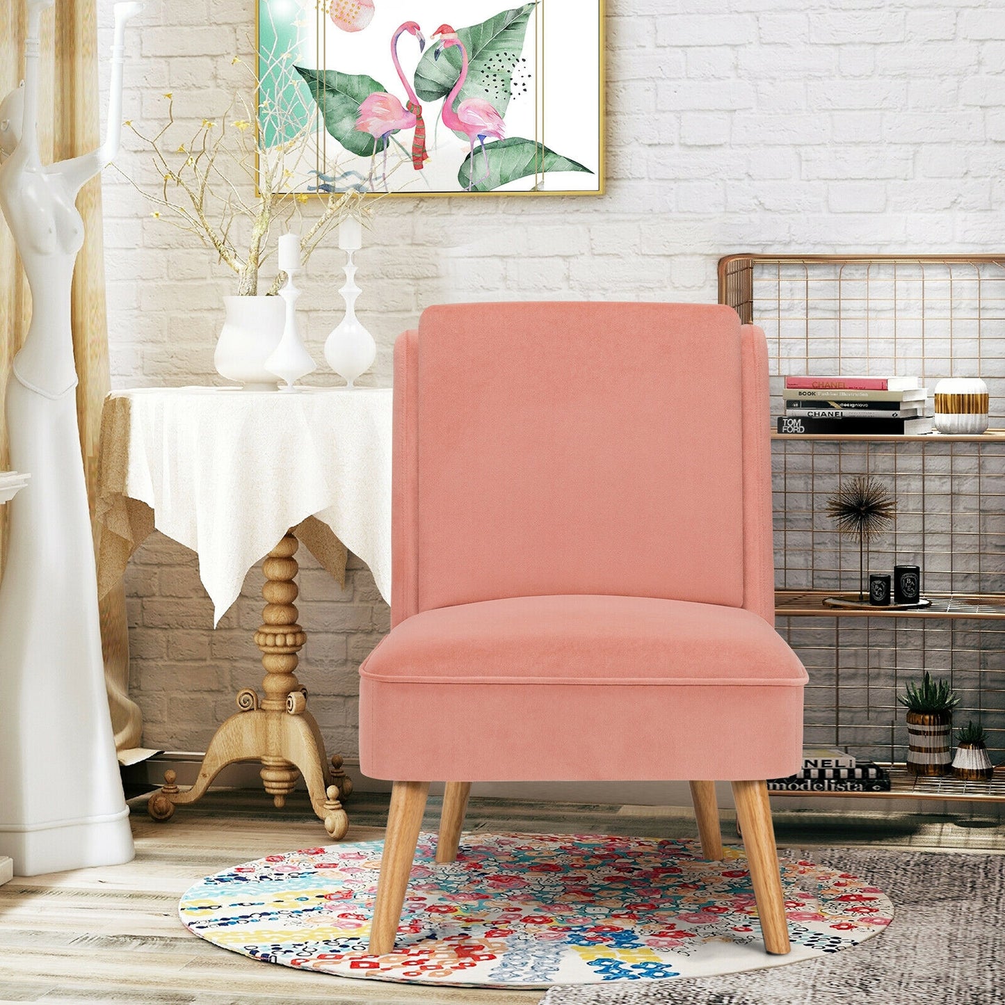 Contemporary Armless Velvet Accent Chair with Rubber Wood Base - Pink