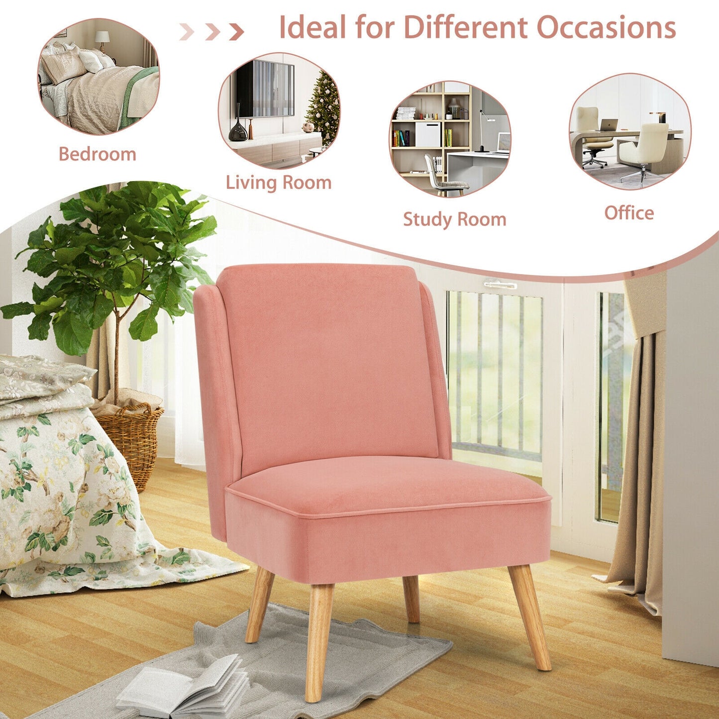 Contemporary Armless Velvet Accent Chair with Rubber Wood Base - Pink