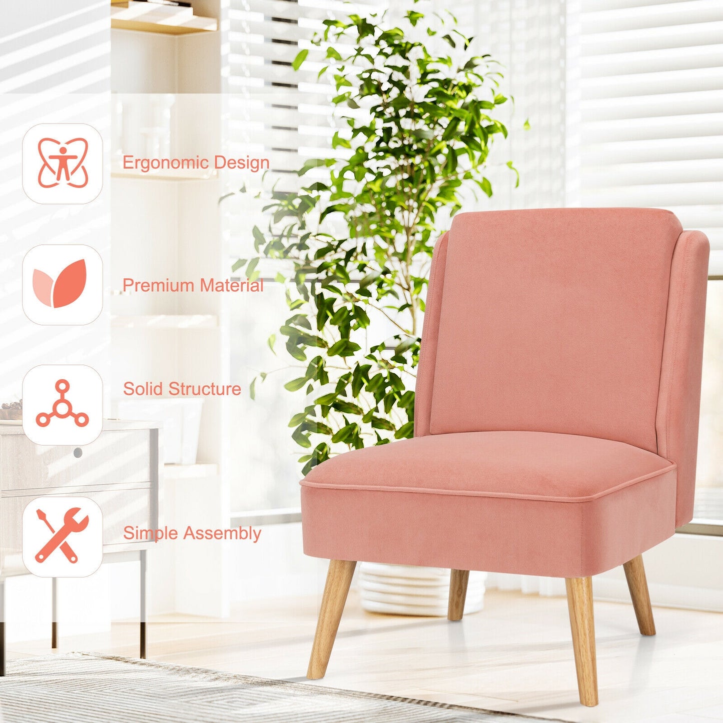 Contemporary Armless Velvet Accent Chair with Rubber Wood Base - Pink