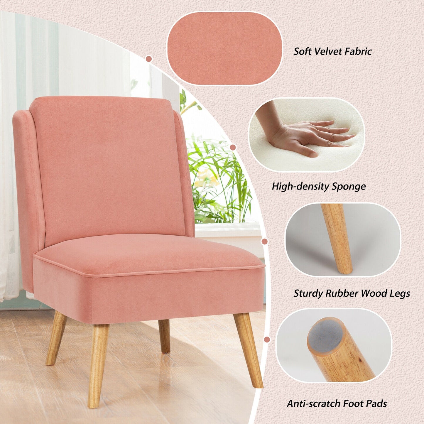 Contemporary Armless Velvet Accent Chair with Rubber Wood Base - Pink