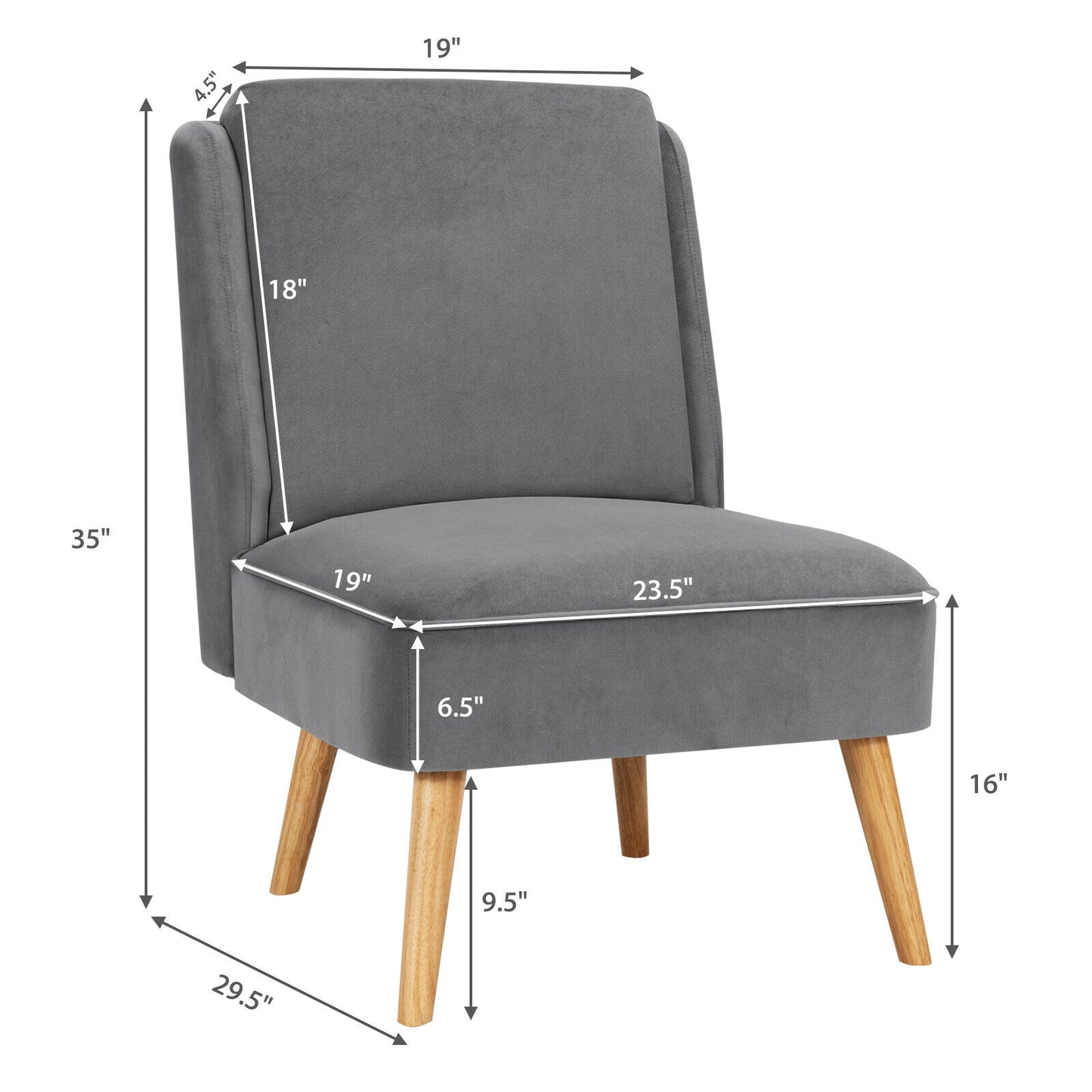 Contemporary Armless Velvet Accent Chair with Rubber Wood Base - Grey
