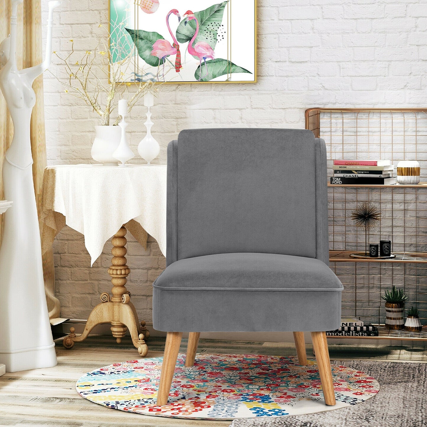 Contemporary Armless Velvet Accent Chair with Rubber Wood Base - Grey