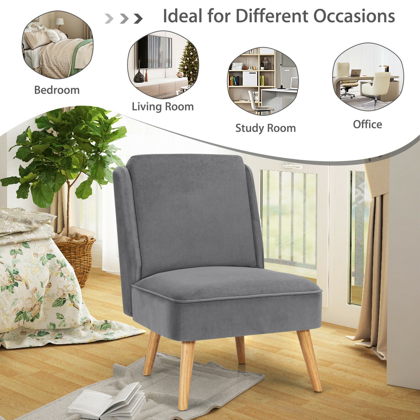 Contemporary Armless Velvet Accent Chair with Rubber Wood Base - Grey