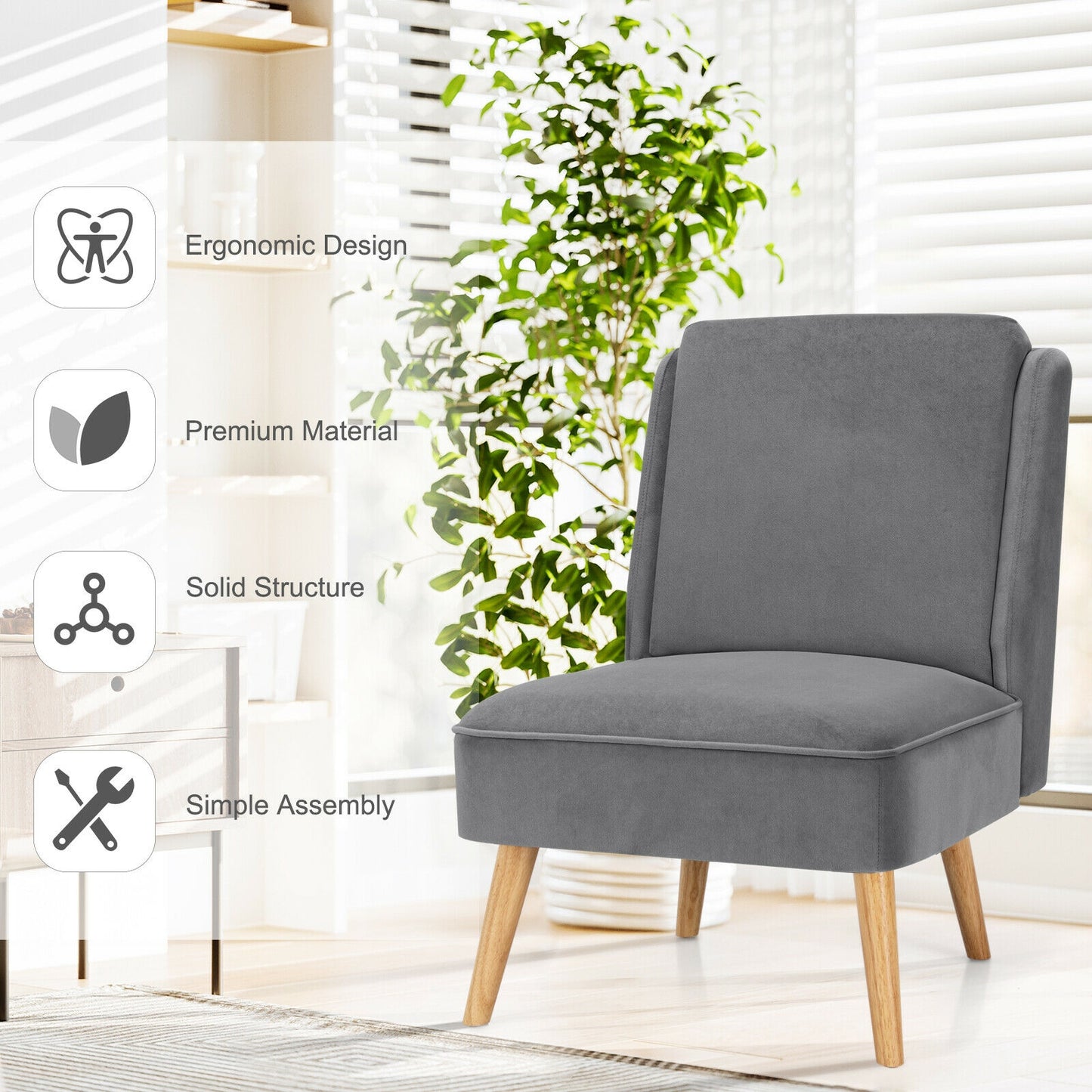 Contemporary Armless Velvet Accent Chair with Rubber Wood Base - Grey