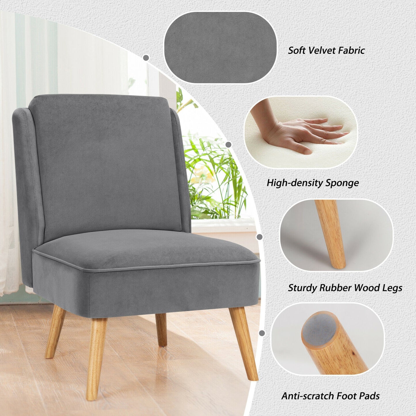 Contemporary Armless Velvet Accent Chair with Rubber Wood Base - Grey