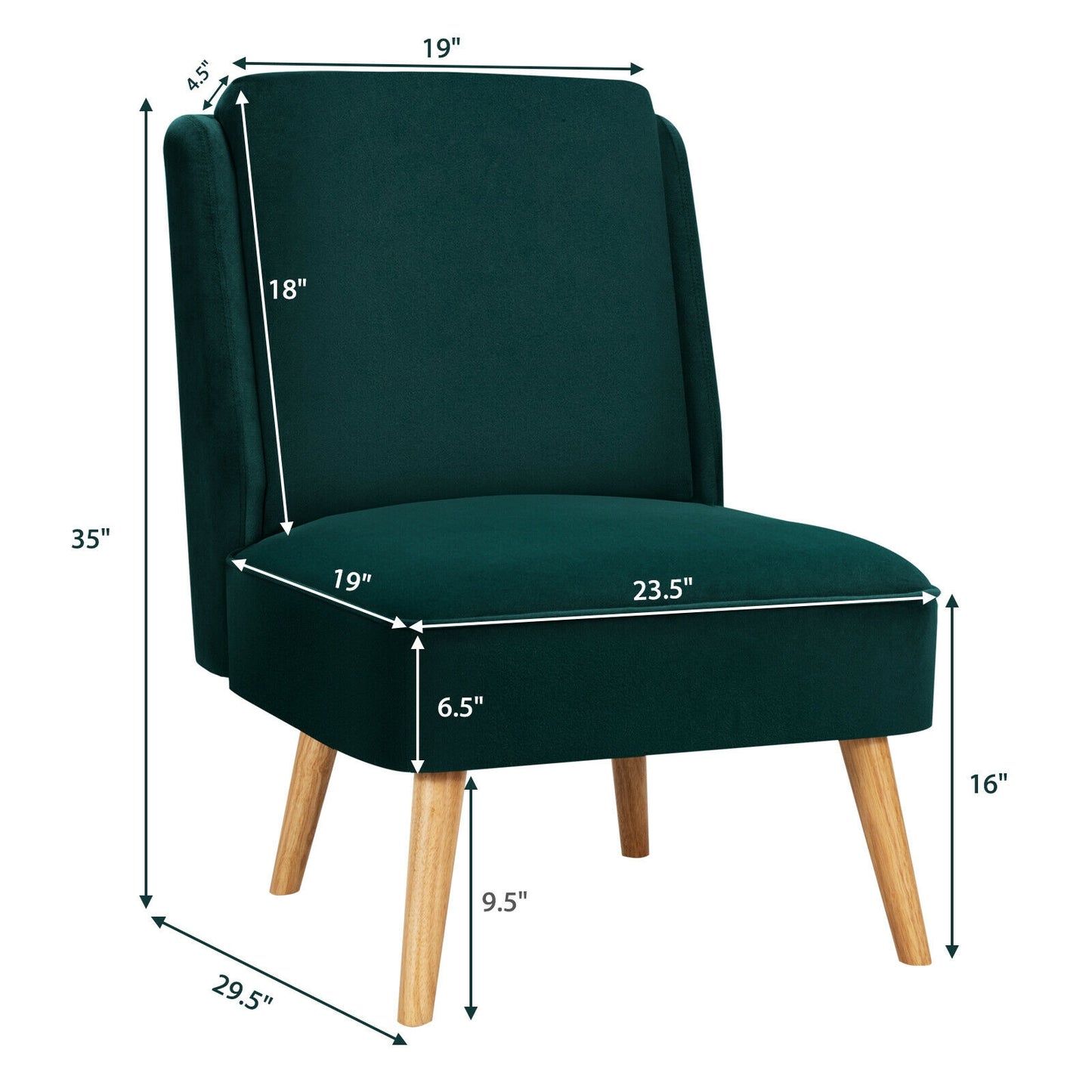 Contemporary Armless Velvet Accent Chair with Rubber Wood Base - Green