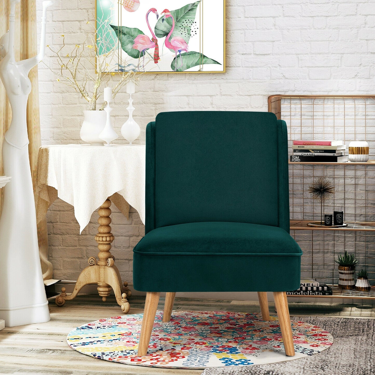 Contemporary Armless Velvet Accent Chair with Rubber Wood Base - Green