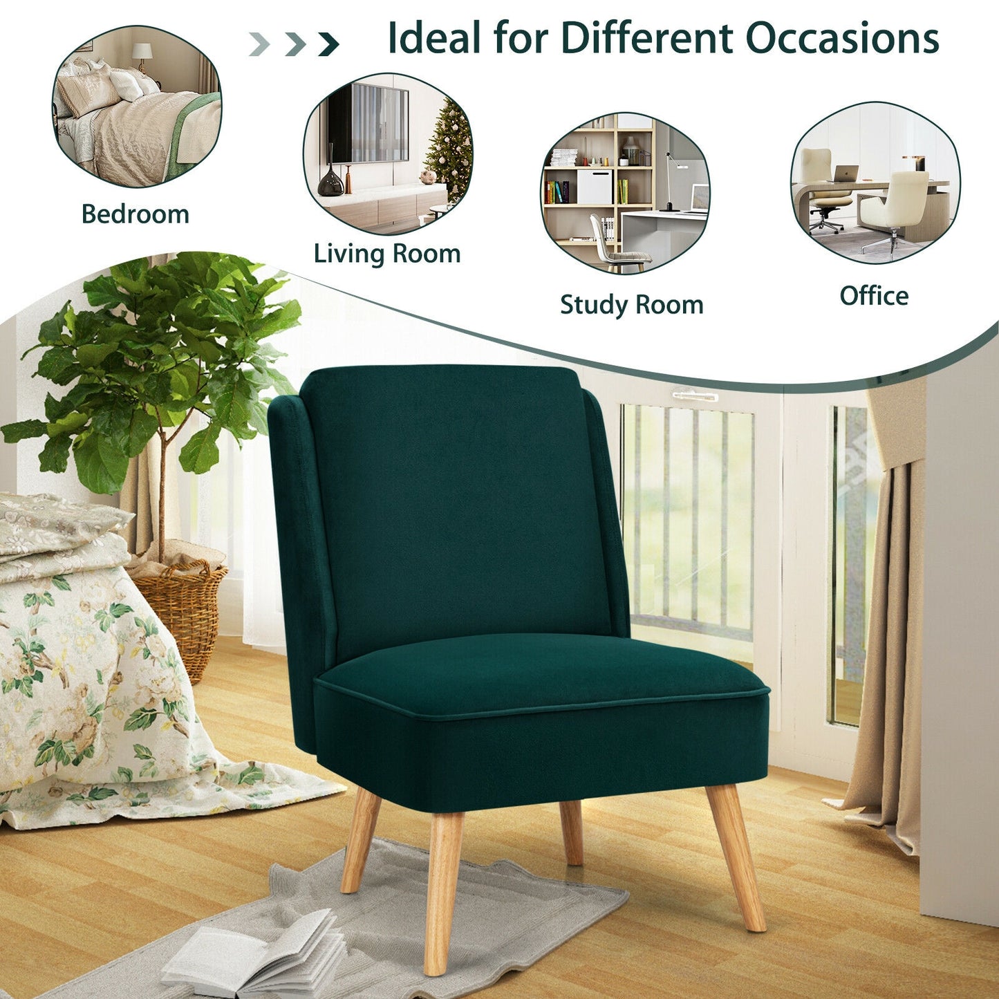 Contemporary Armless Velvet Accent Chair with Rubber Wood Base - Green