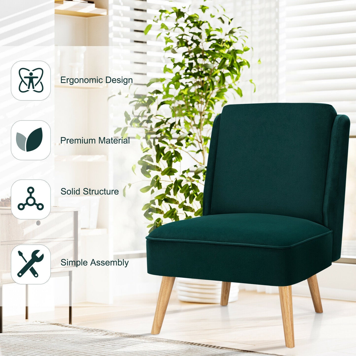 Contemporary Armless Velvet Accent Chair with Rubber Wood Base - Green