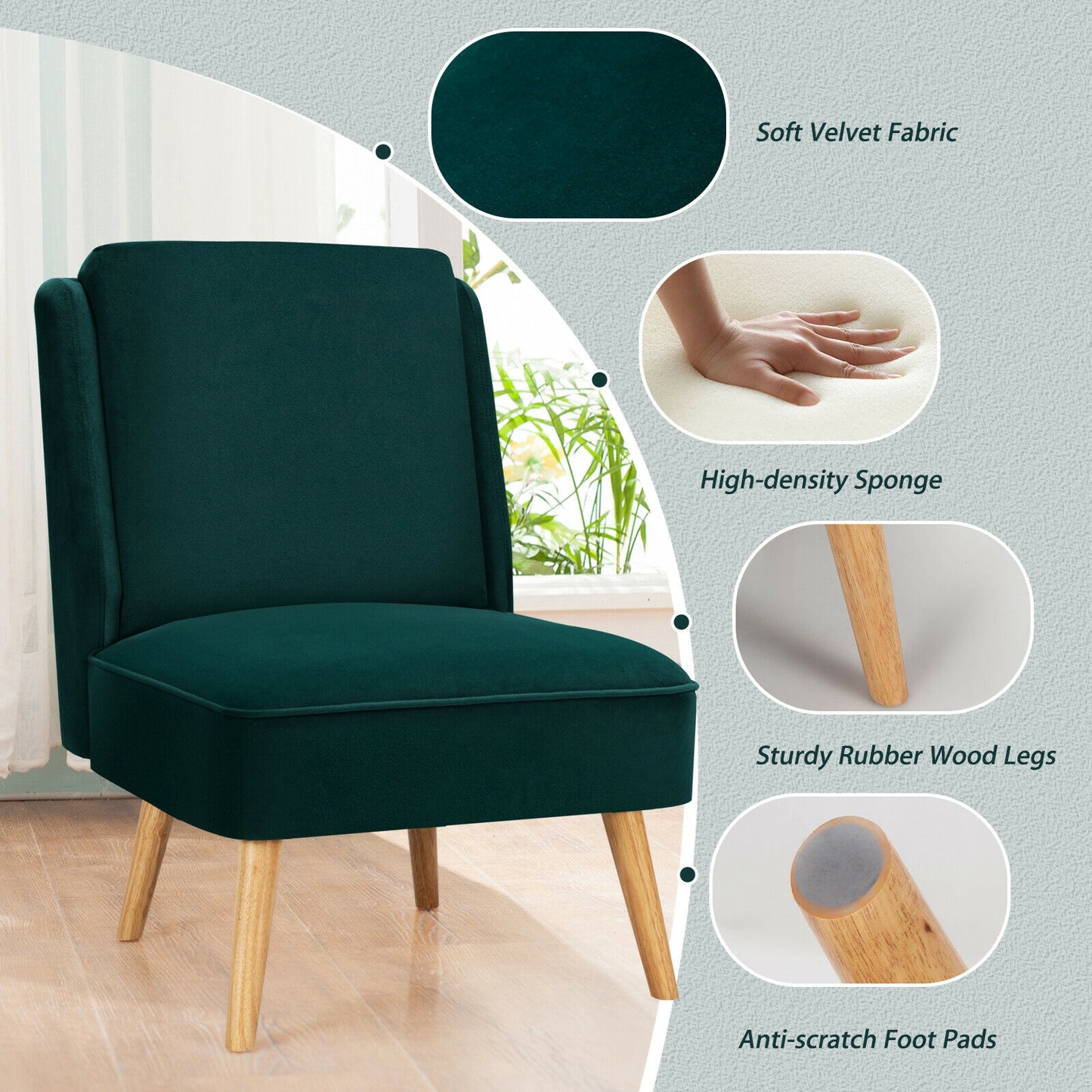 Contemporary Armless Velvet Accent Chair with Rubber Wood Base - Green
