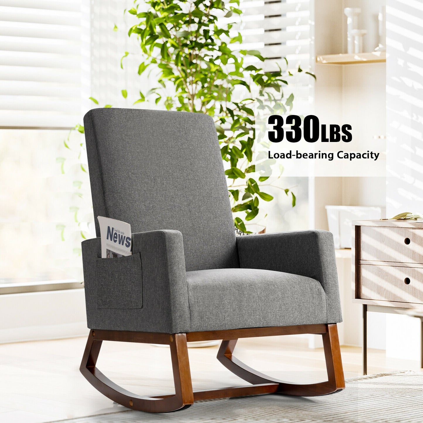 Modern High Back Rocking Chair with Upholstered Seat and Side Storage Pocket - Grey