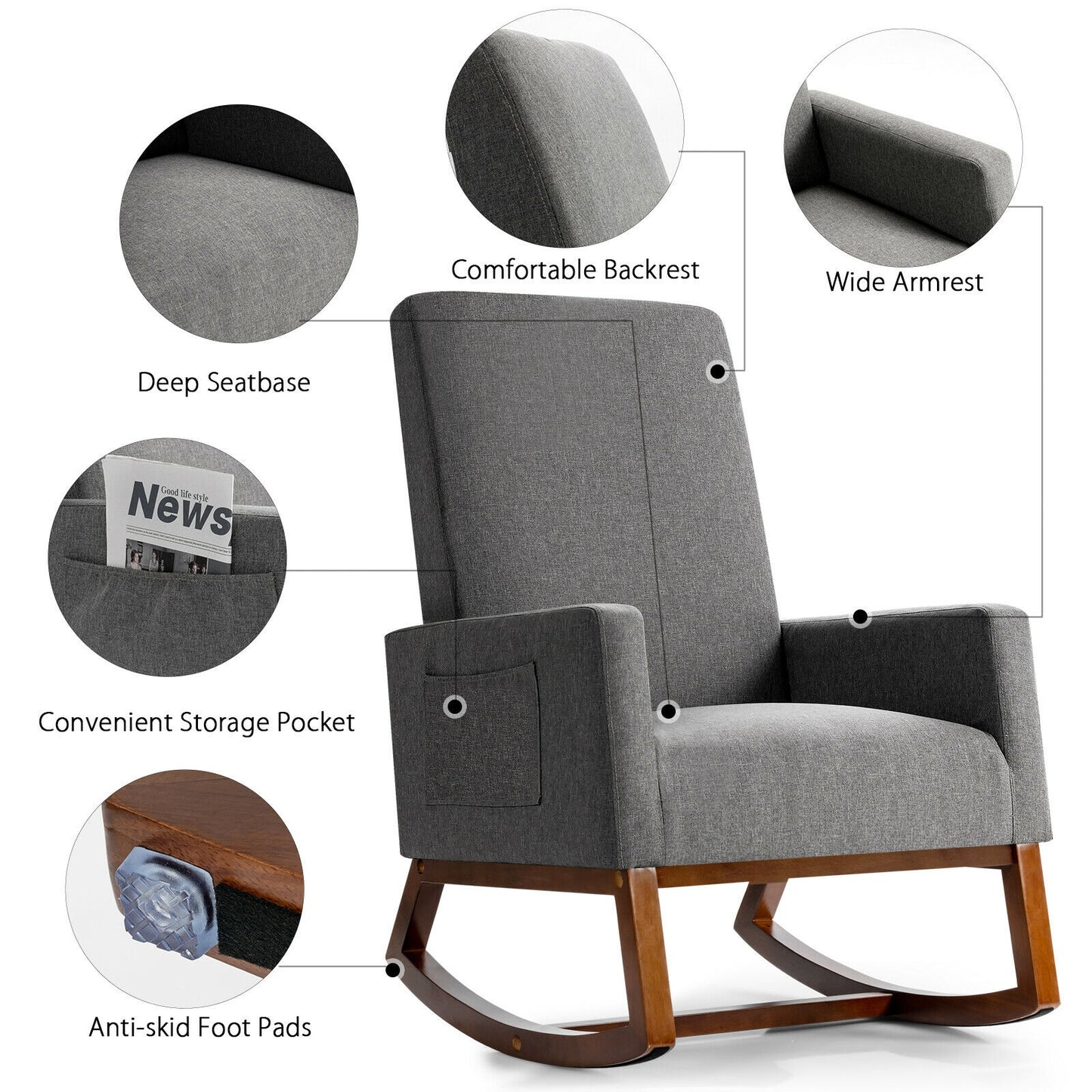 Modern High Back Rocking Chair with Upholstered Seat and Side Storage Pocket - Grey