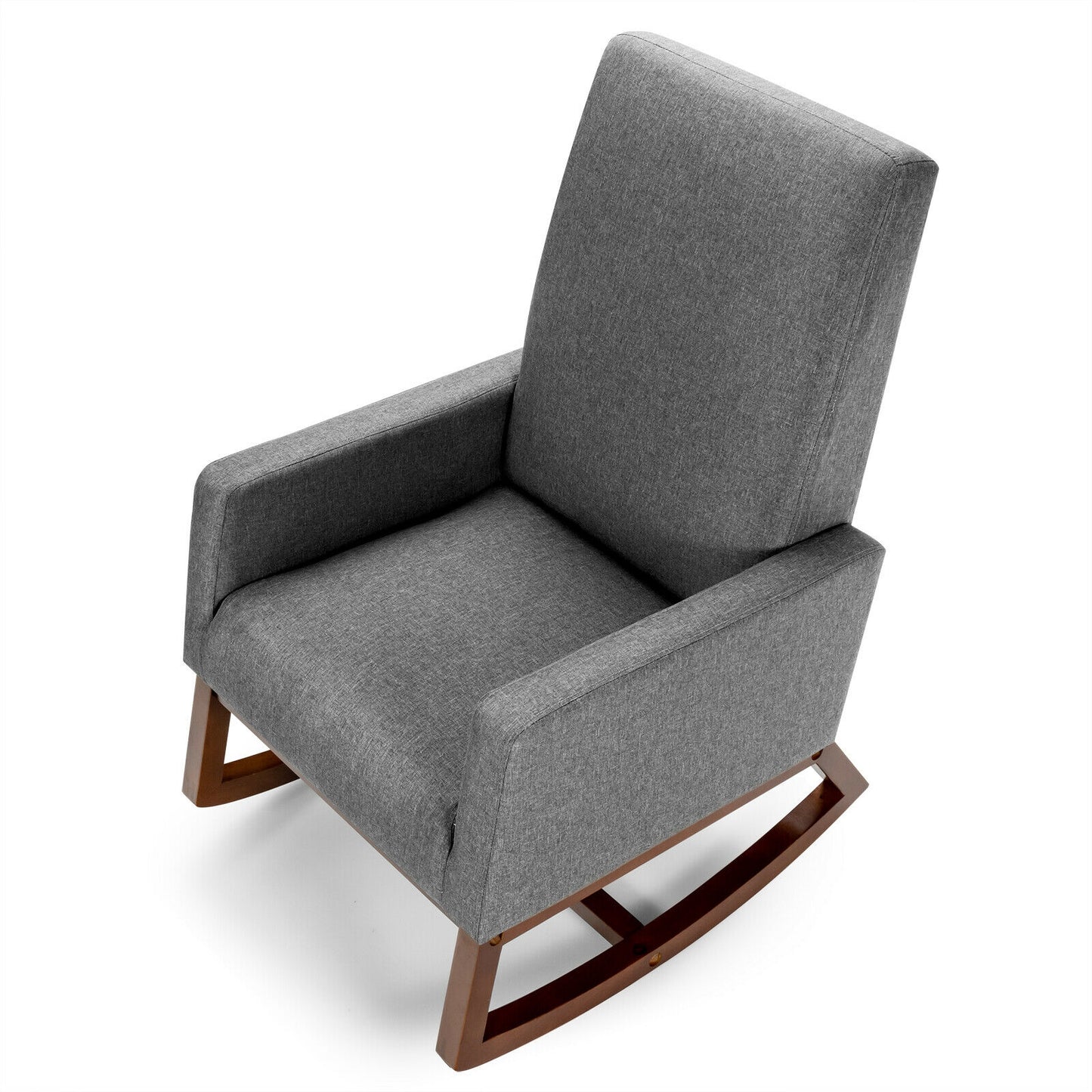 Modern High Back Rocking Chair with Upholstered Seat and Side Storage Pocket - Grey