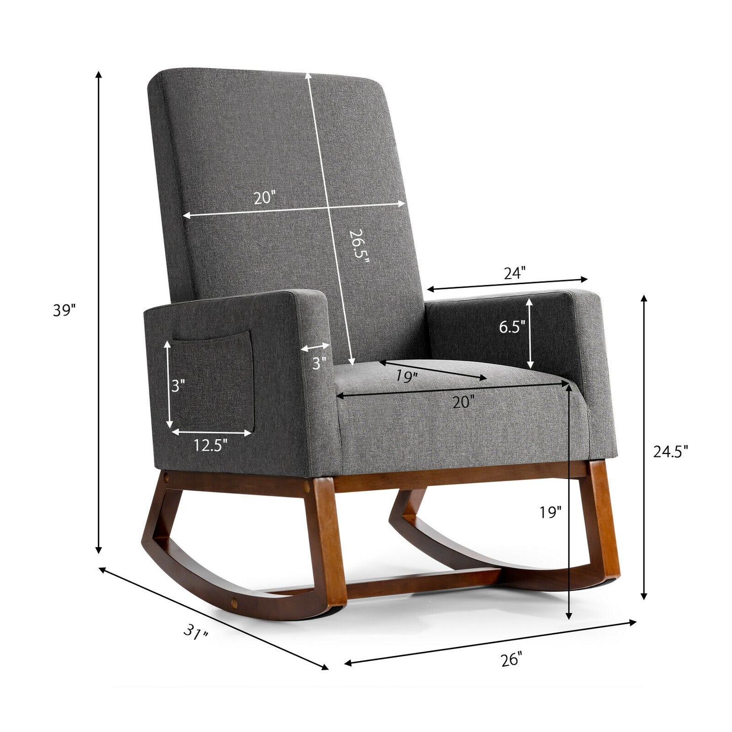 Modern High Back Rocking Chair with Upholstered Seat and Side Storage Pocket - Grey