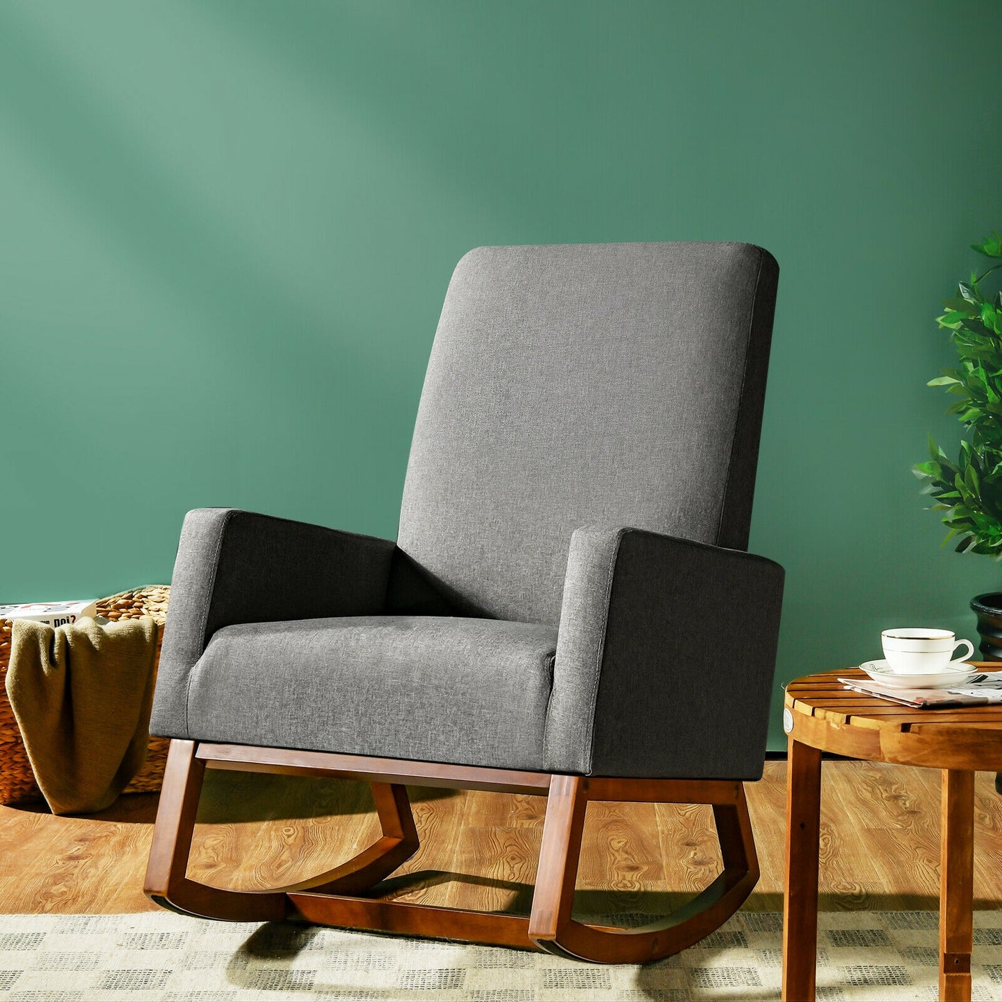 Modern High Back Rocking Chair with Upholstered Seat and Side Storage Pocket - Grey