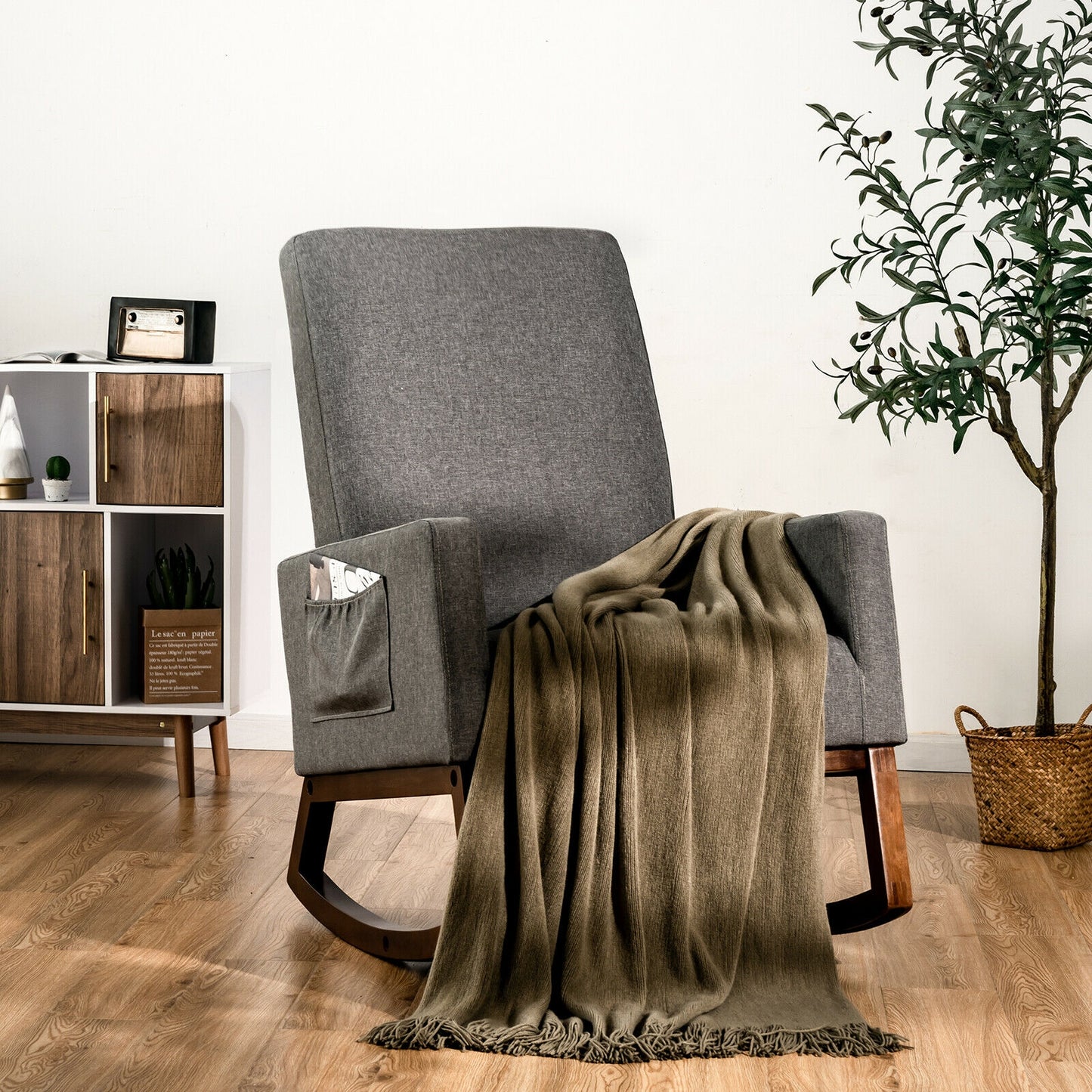 Modern High Back Rocking Chair with Upholstered Seat and Side Storage Pocket - Grey