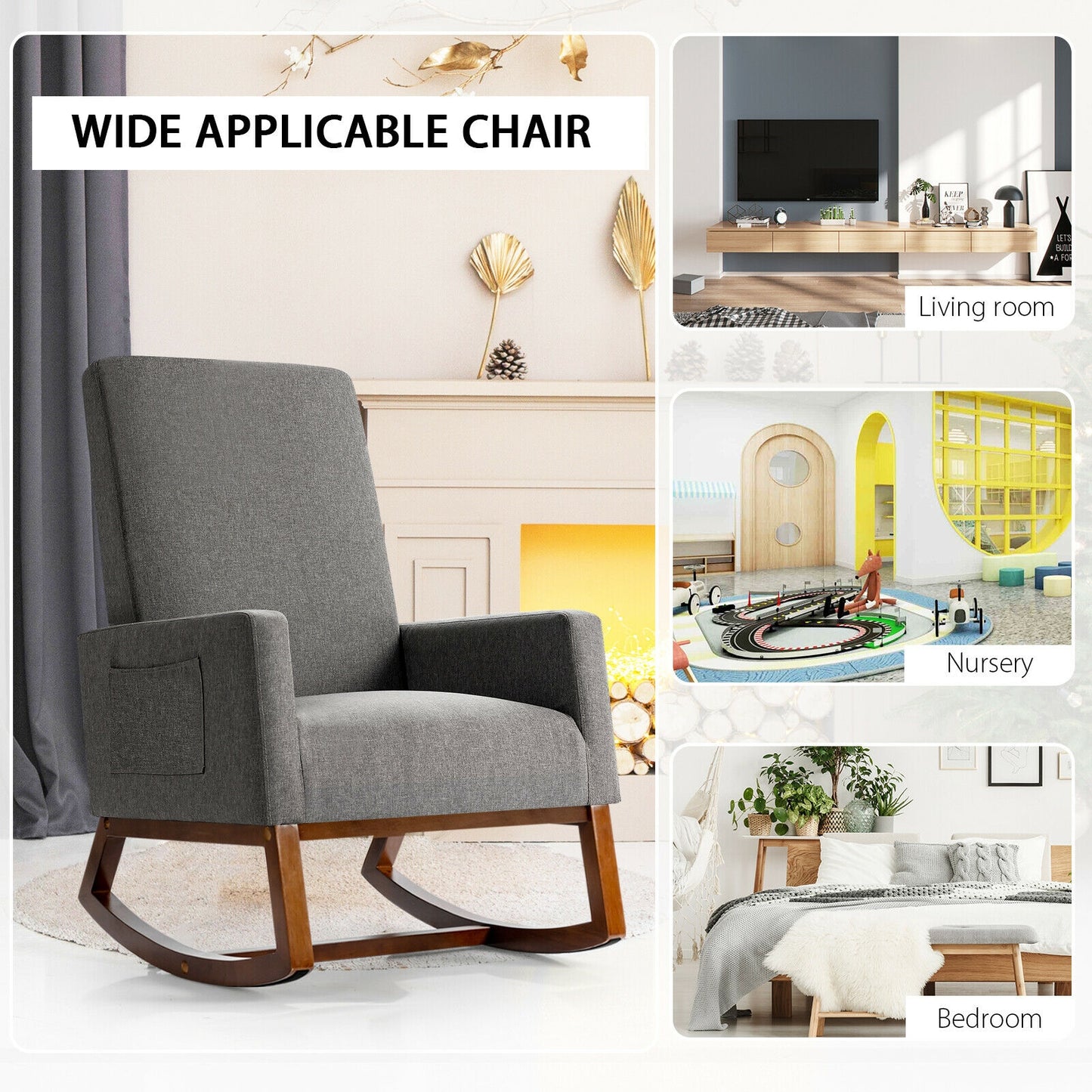 Modern High Back Rocking Chair with Upholstered Seat and Side Storage Pocket - Grey