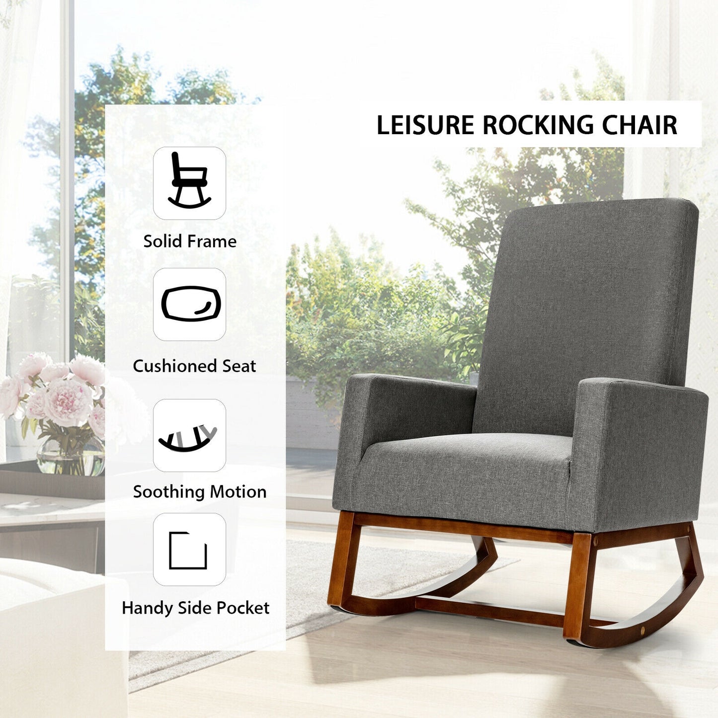 Modern High Back Rocking Chair with Upholstered Seat and Side Storage Pocket - Grey