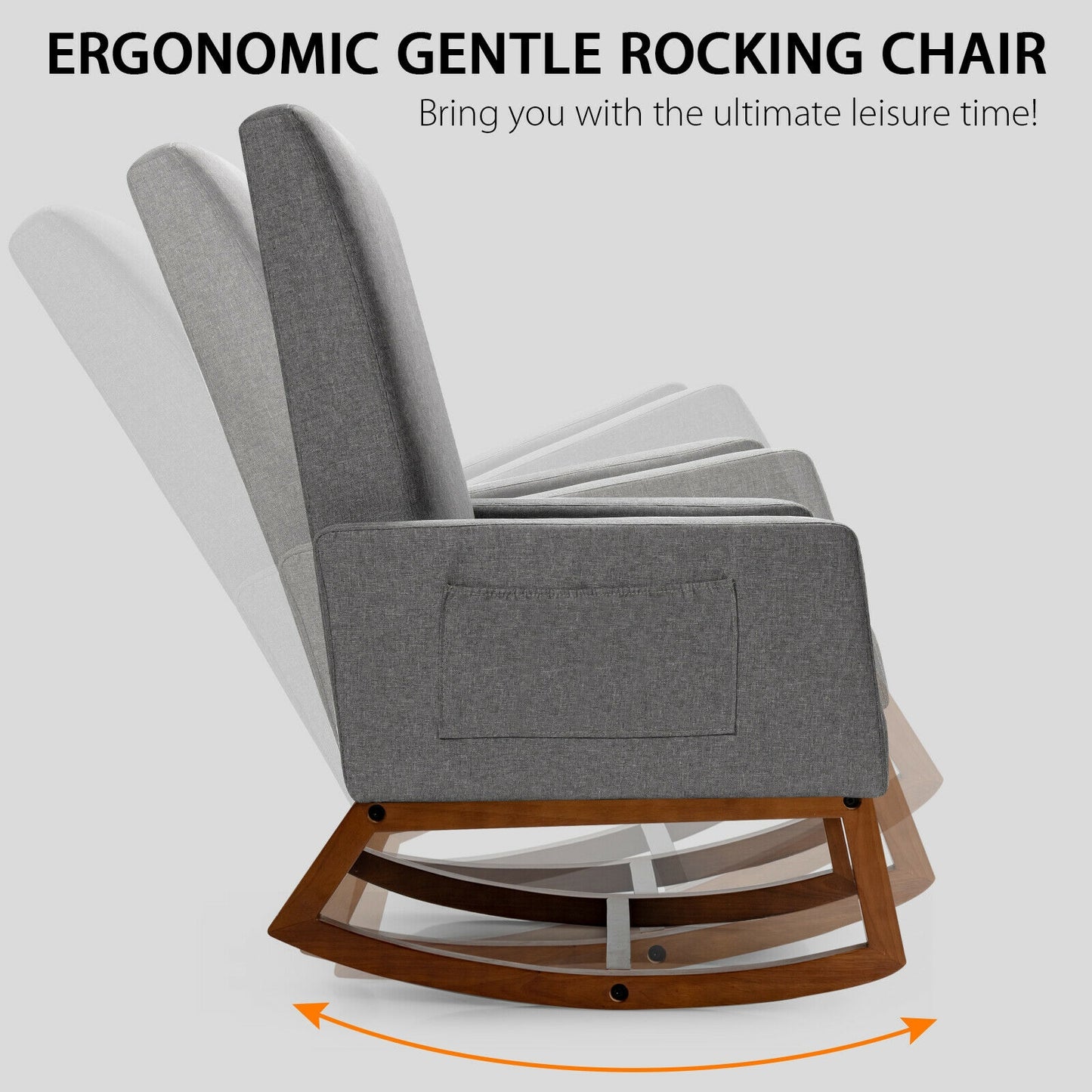 Modern High Back Rocking Chair with Upholstered Seat and Side Storage Pocket - Grey