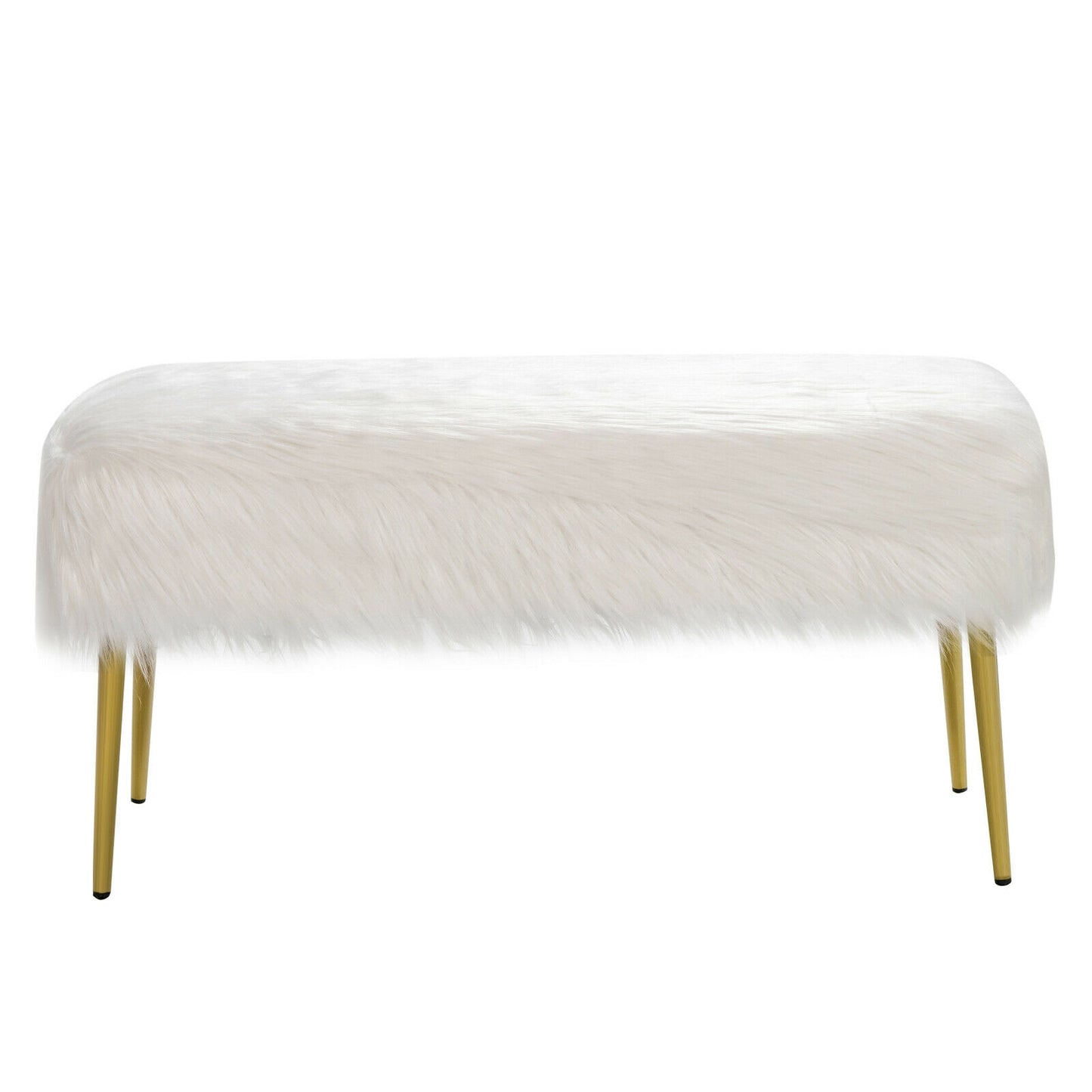 Plush Faux Fur Vanity Stool with Elegant Gold Metal Legs in White