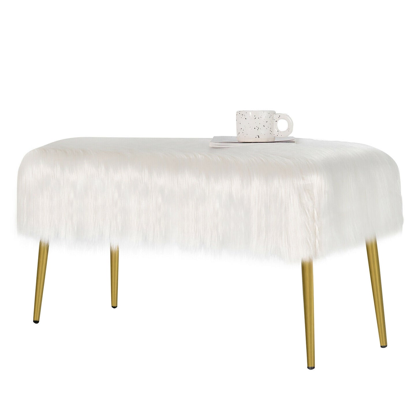 Plush Faux Fur Vanity Stool with Elegant Gold Metal Legs in White