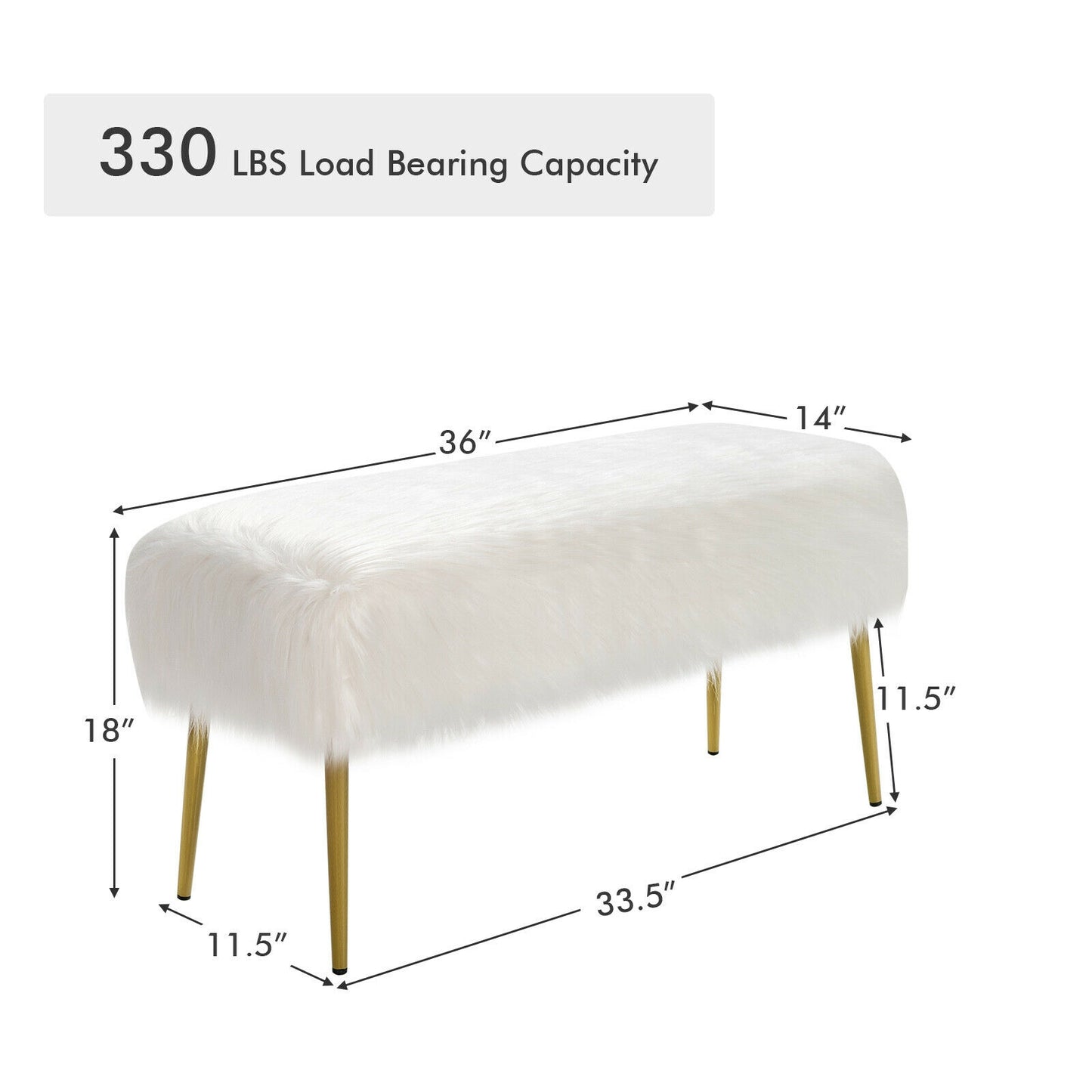 Plush Faux Fur Vanity Stool with Elegant Gold Metal Legs in White