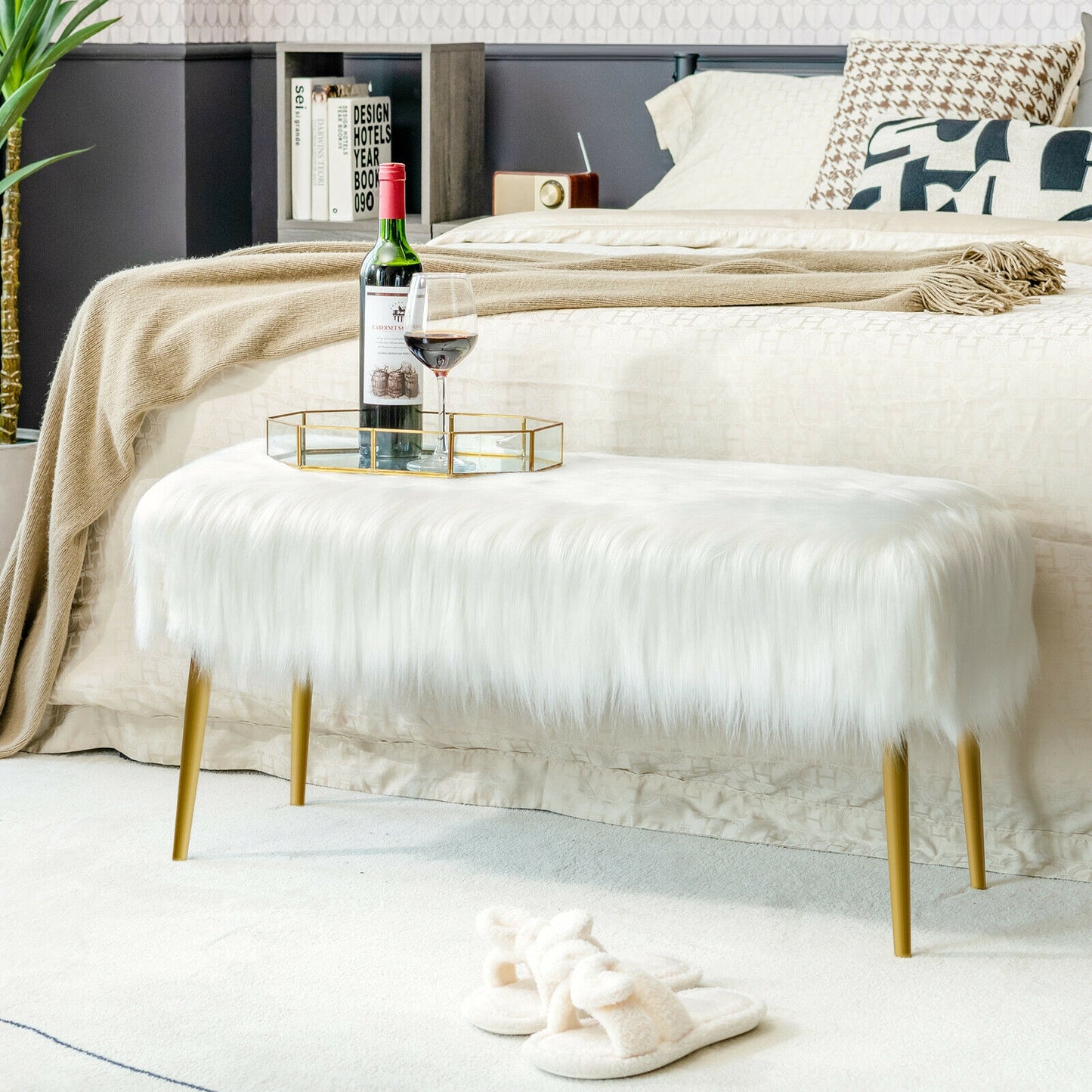 Plush Faux Fur Vanity Stool with Elegant Gold Metal Legs in White