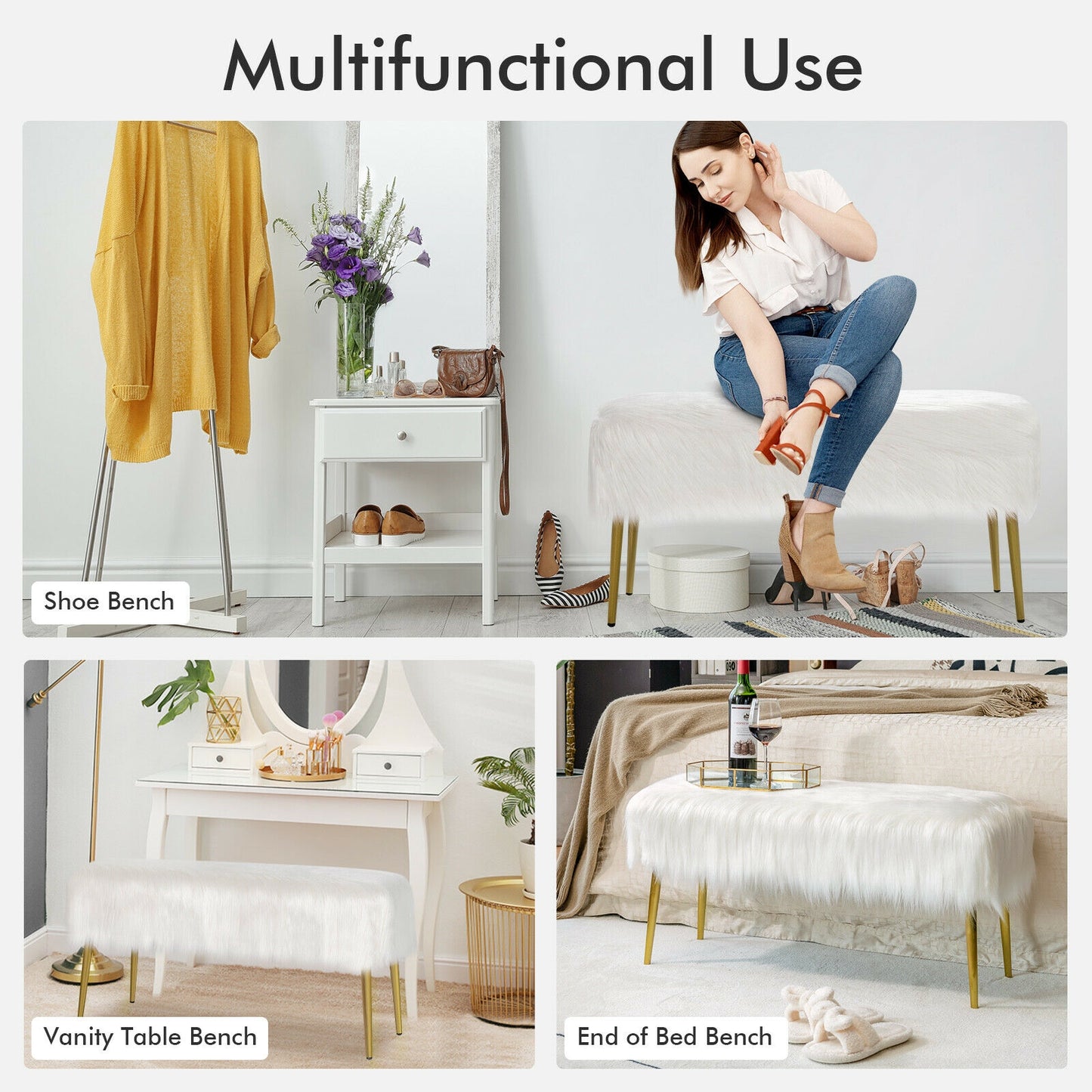 Plush Faux Fur Vanity Stool with Elegant Gold Metal Legs in White