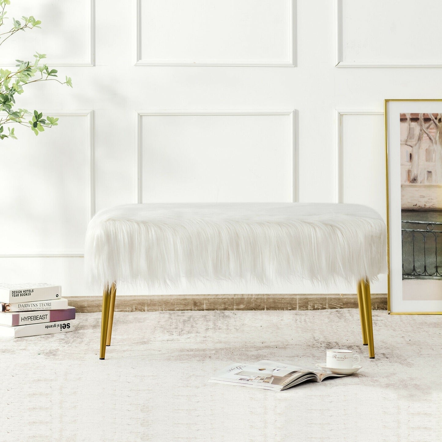 Plush Faux Fur Vanity Stool with Elegant Gold Metal Legs in White