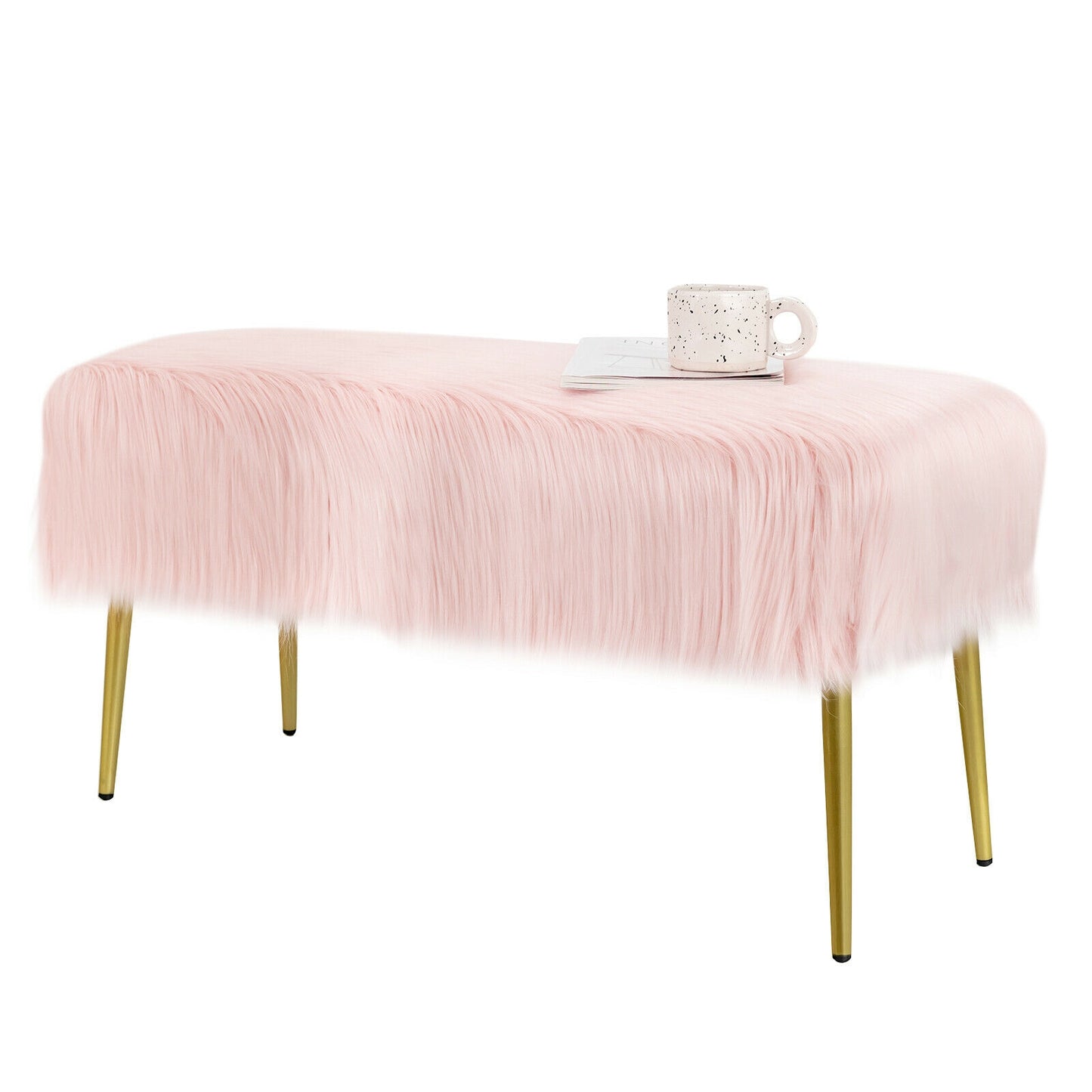 Plush Faux Fur Vanity Stool with Elegant Gold Metal Legs in Pink