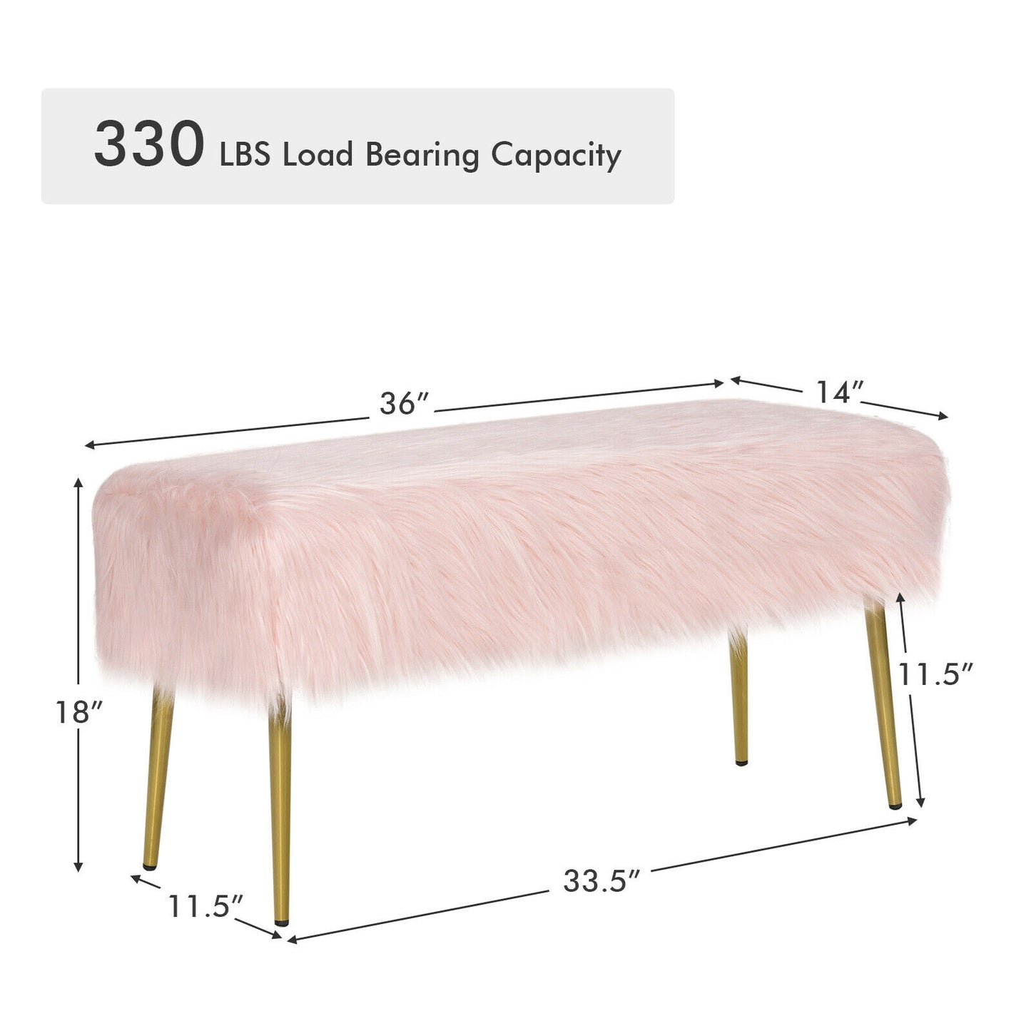 Plush Faux Fur Vanity Stool with Elegant Gold Metal Legs in Pink