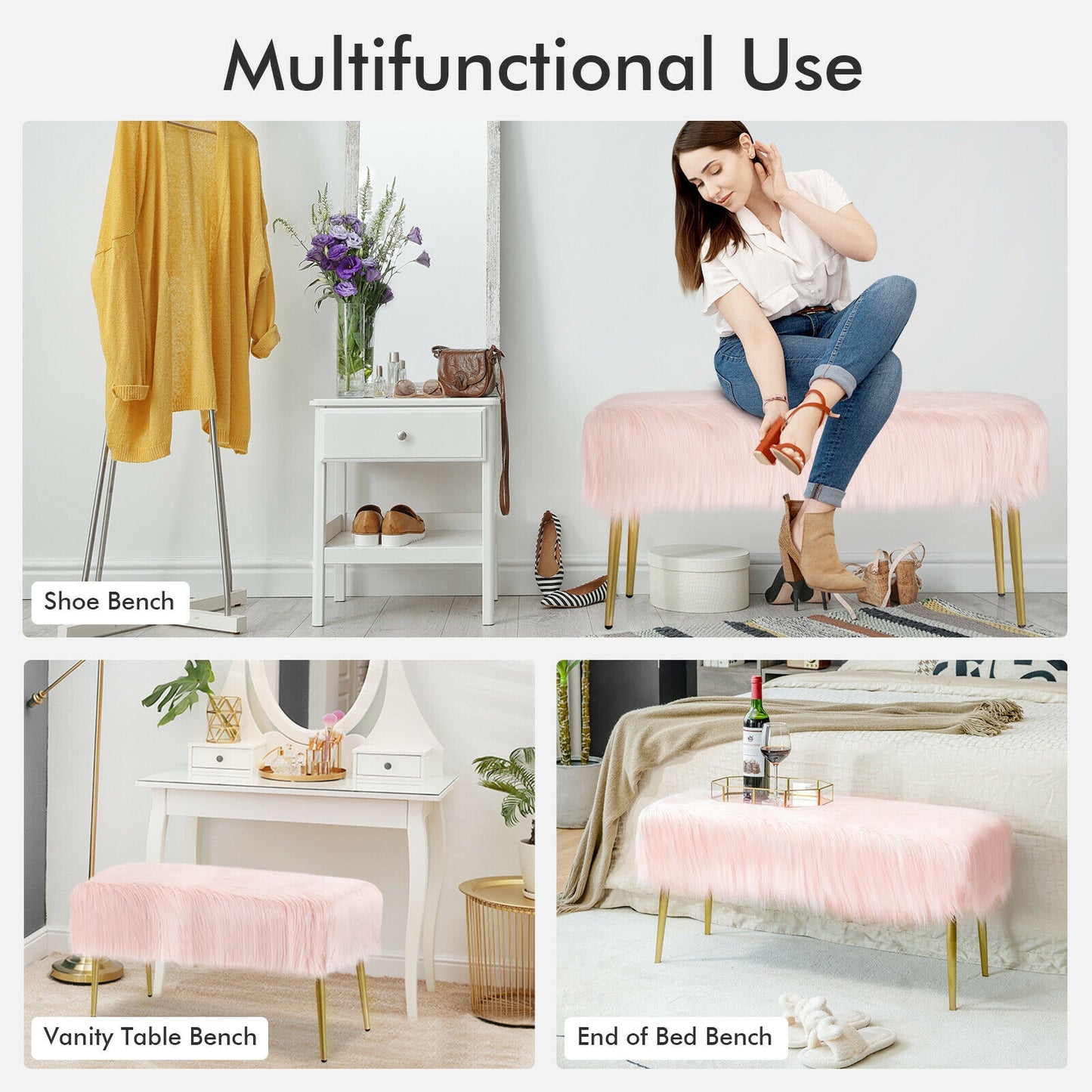 Plush Faux Fur Vanity Stool with Elegant Gold Metal Legs in Pink