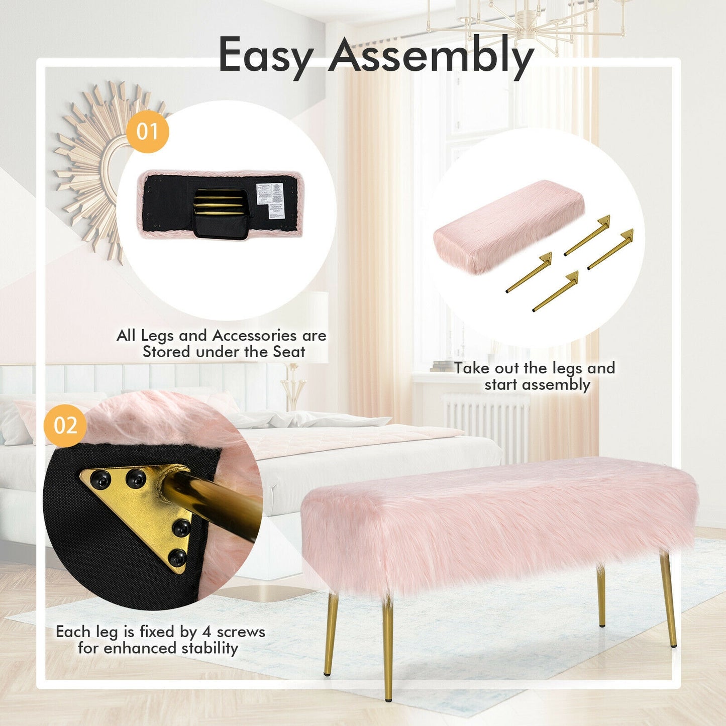 Plush Faux Fur Vanity Stool with Elegant Gold Metal Legs in Pink
