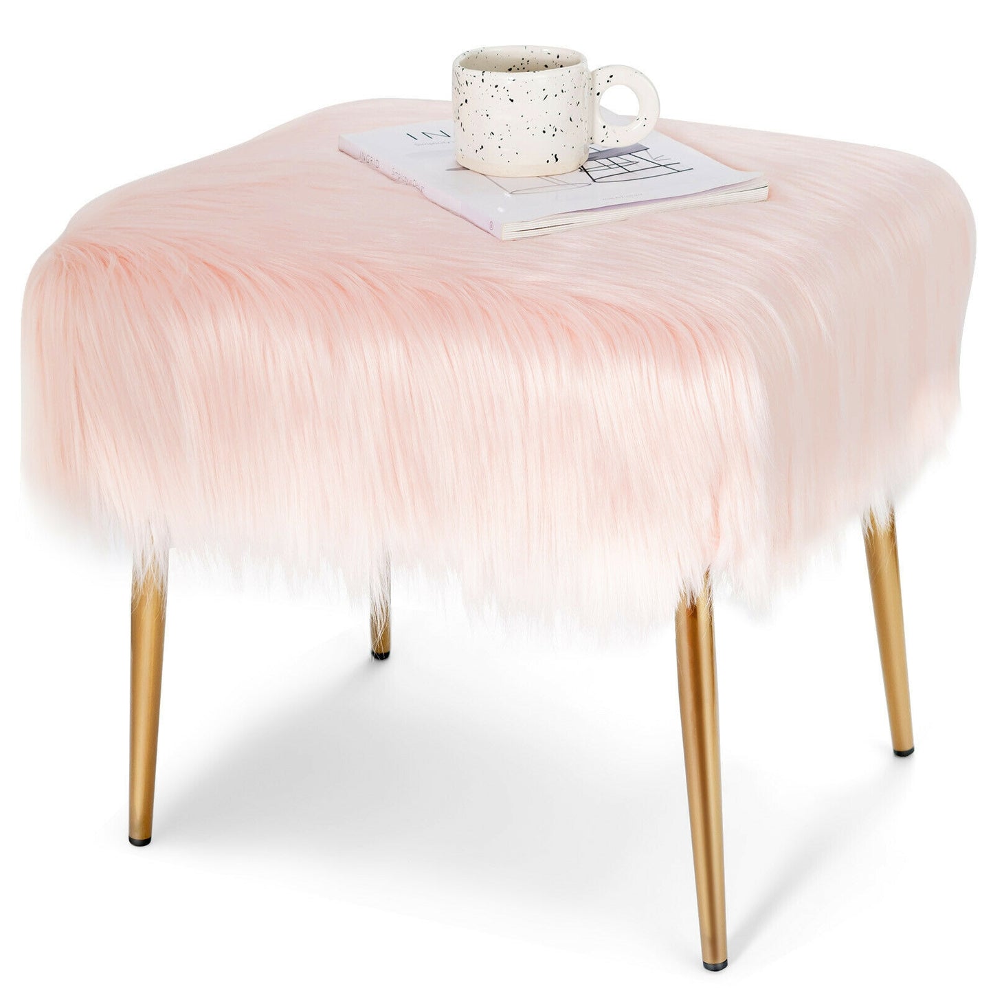 Plush Faux Fur Vanity Stool with Sleek Gold Metal Base in Pink