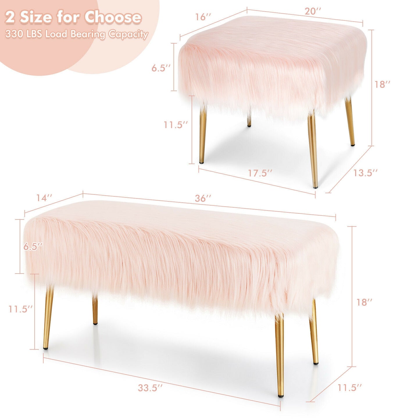 Plush Faux Fur Vanity Stool with Sleek Gold Metal Base in Pink