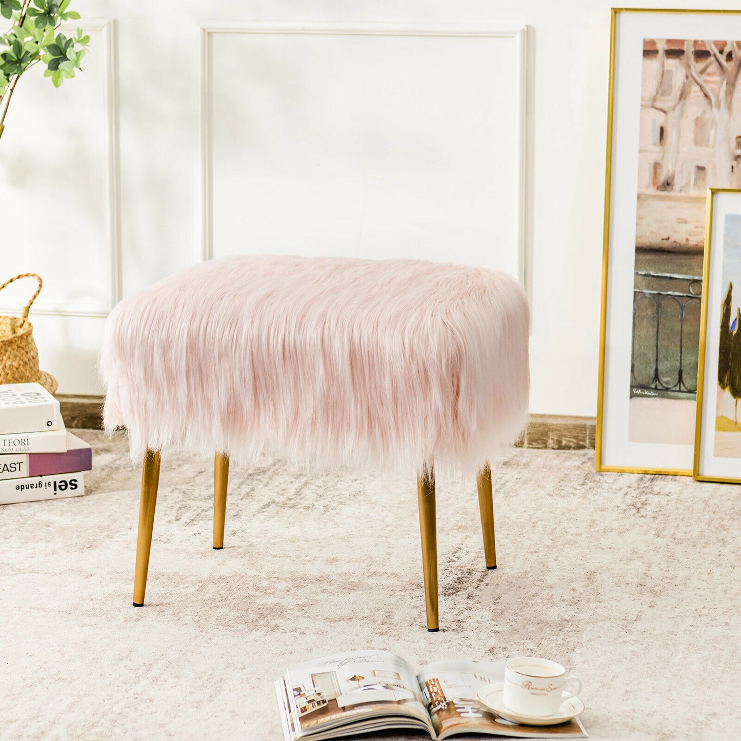 Plush Faux Fur Vanity Stool with Sleek Gold Metal Base in Pink
