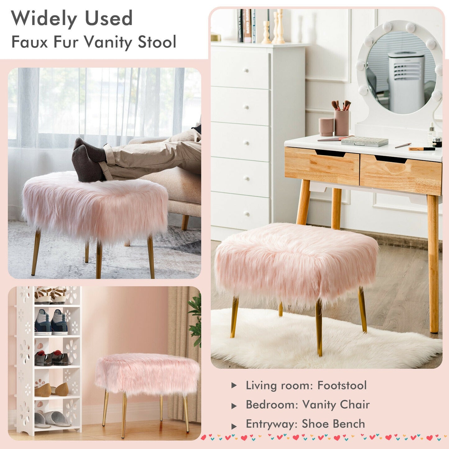 Plush Faux Fur Vanity Stool with Sleek Gold Metal Base in Pink