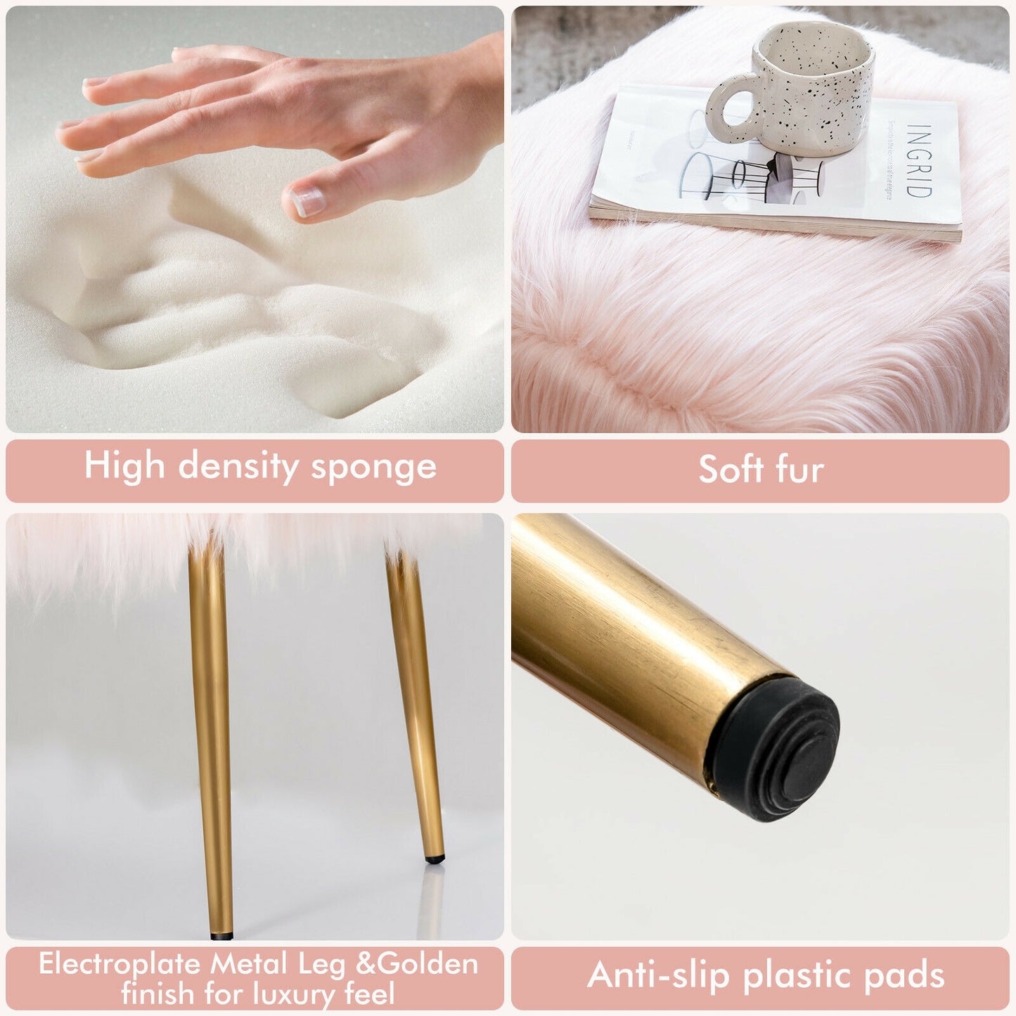 Plush Faux Fur Vanity Stool with Sleek Gold Metal Base in Pink