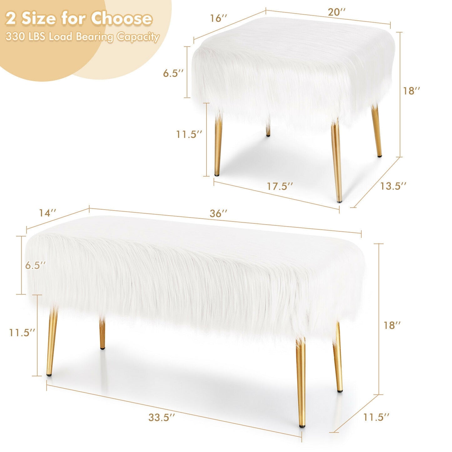 Plush Faux Fur Vanity Stool with Sleek Gold Metal Base in White