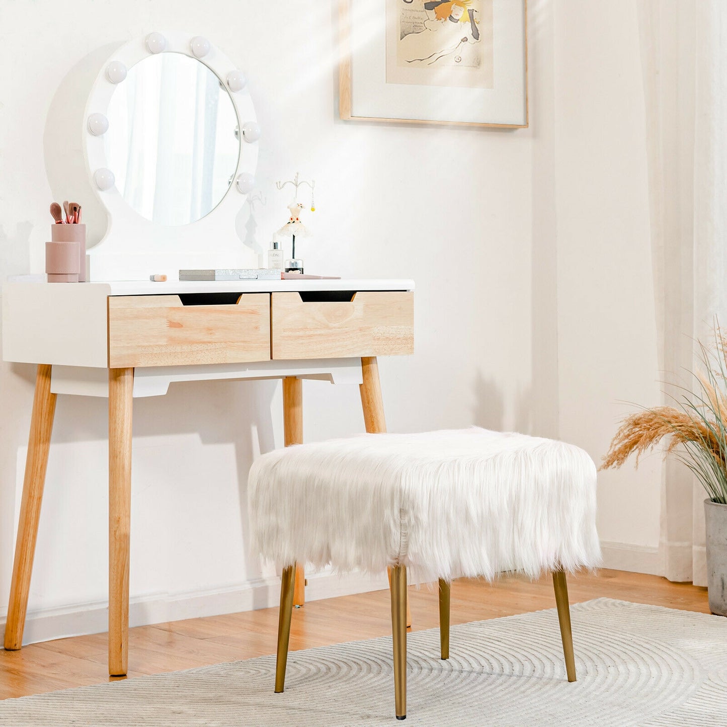 Plush Faux Fur Vanity Stool with Sleek Gold Metal Base in White