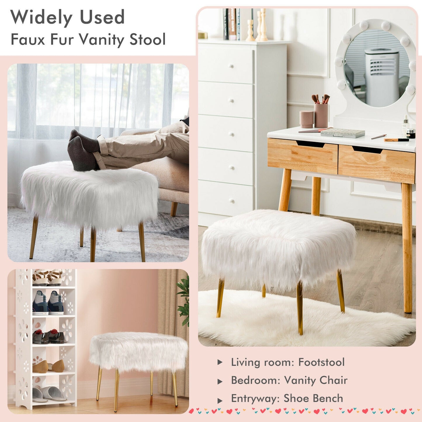Plush Faux Fur Vanity Stool with Sleek Gold Metal Base in White