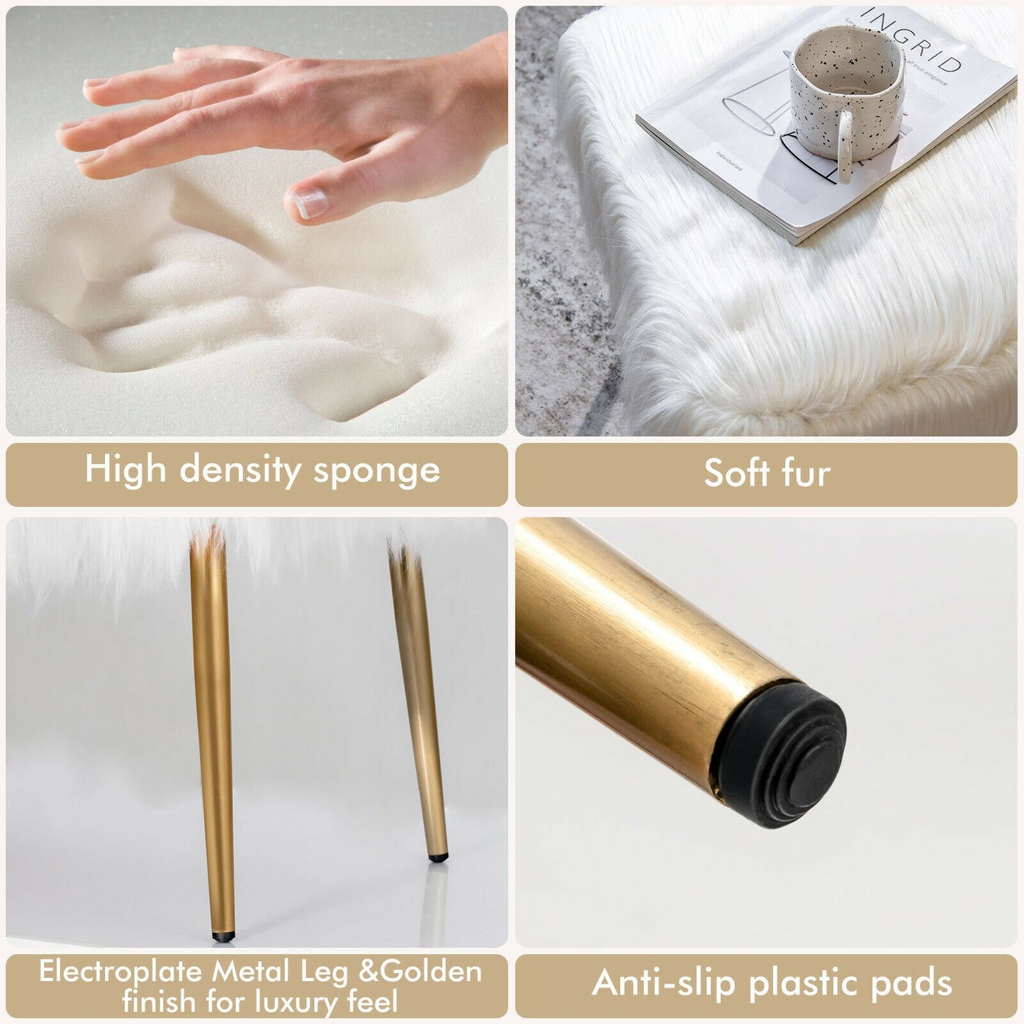 Plush Faux Fur Vanity Stool with Sleek Gold Metal Base in White