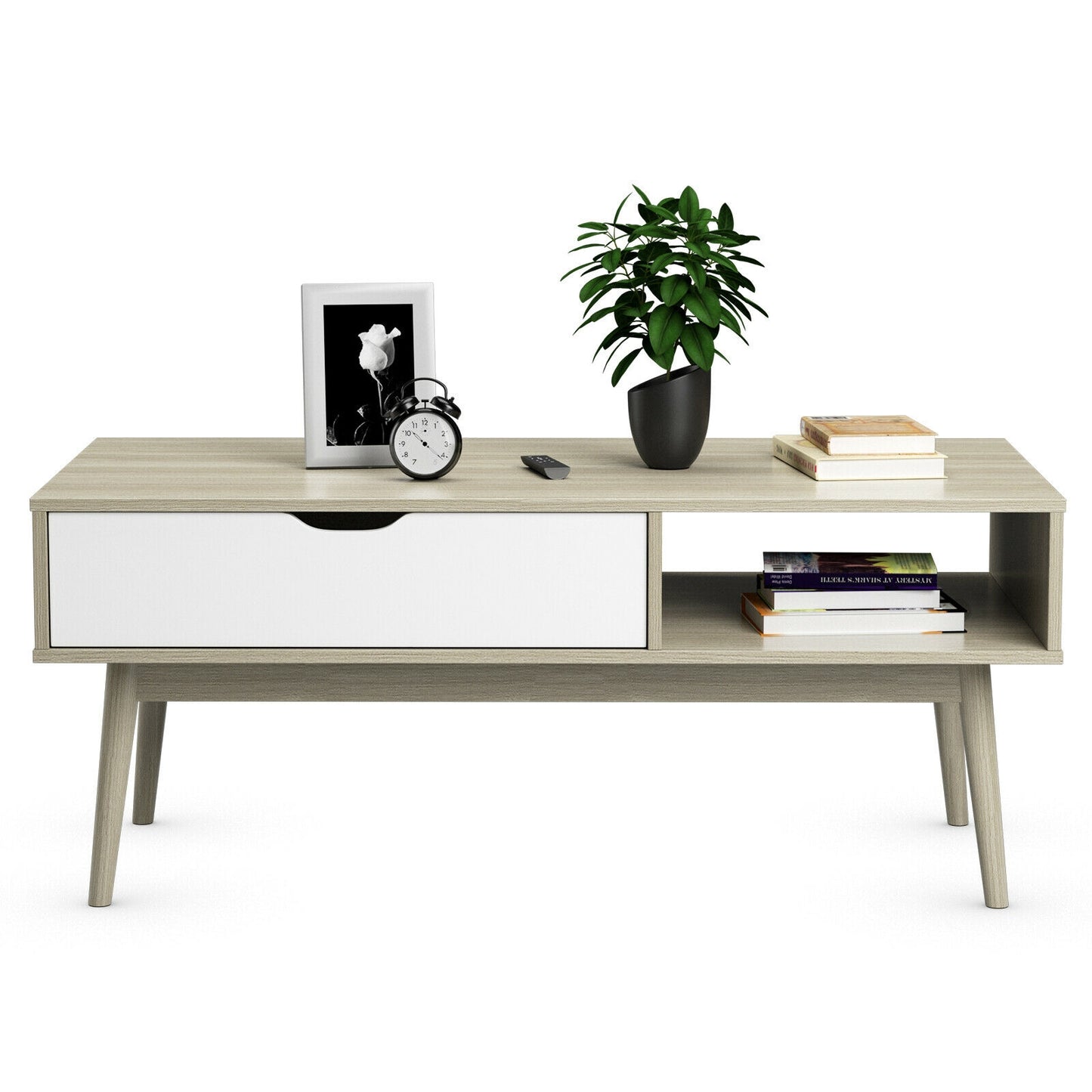 Industrial Style Coffee Table with Storage Drawer and Open Shelves