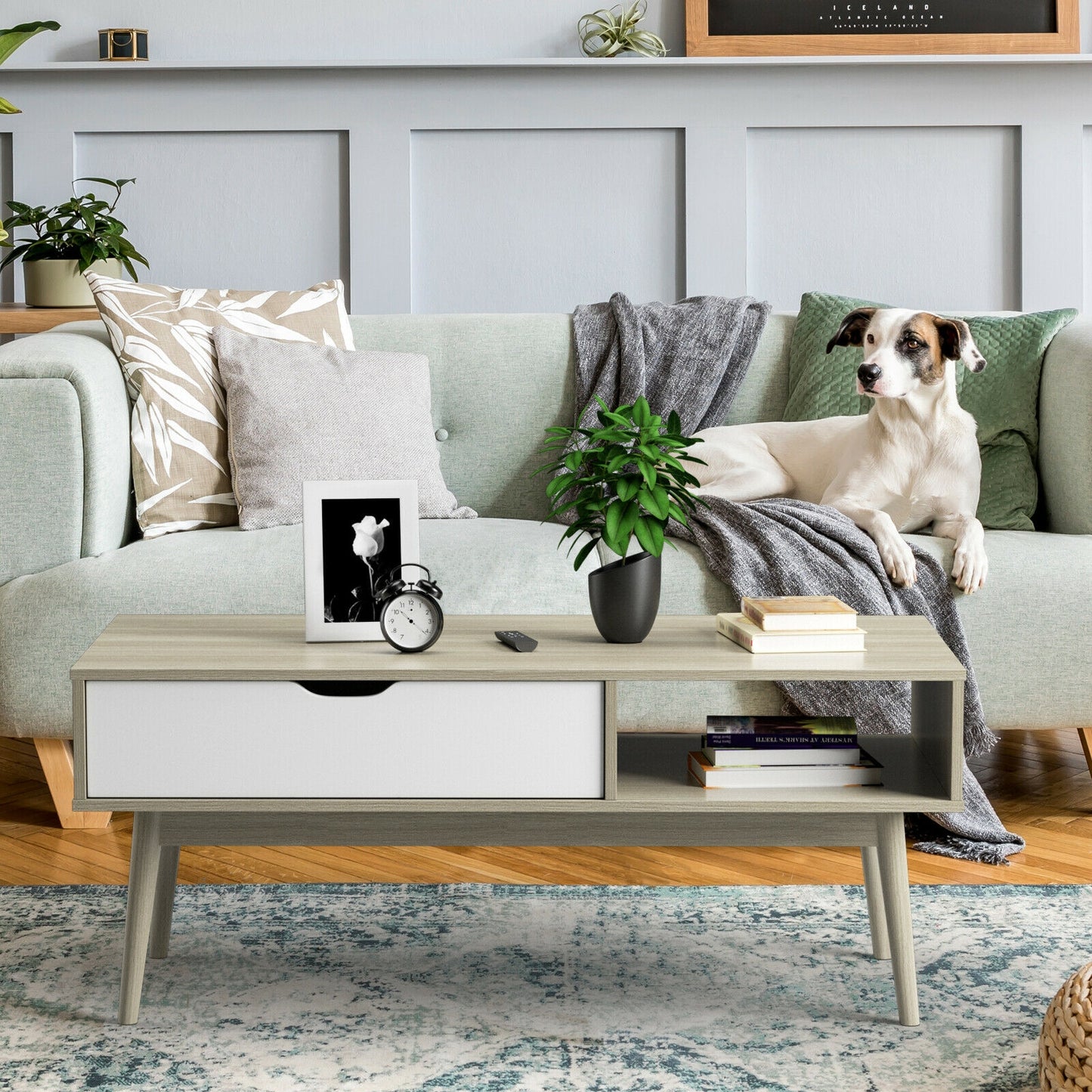 Industrial Style Coffee Table with Storage Drawer and Open Shelves