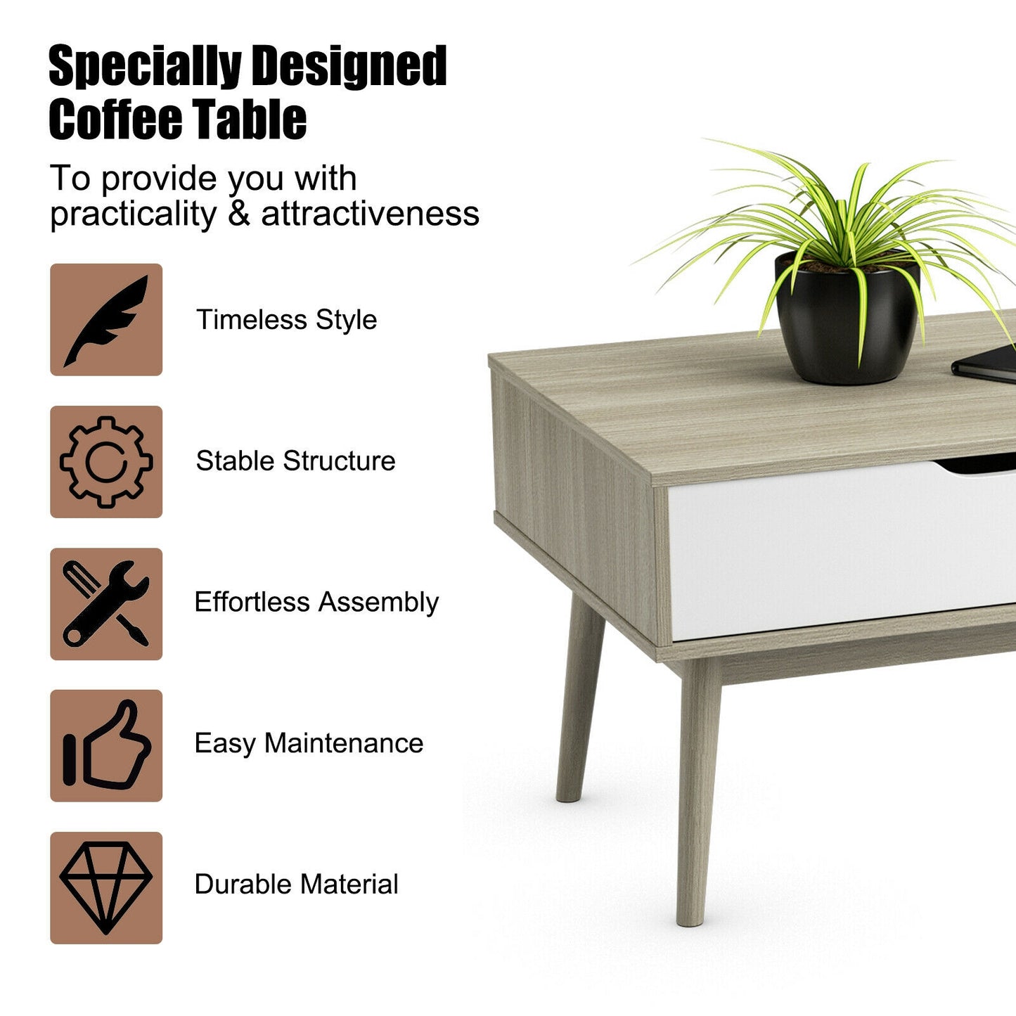 Industrial Style Coffee Table with Storage Drawer and Open Shelves